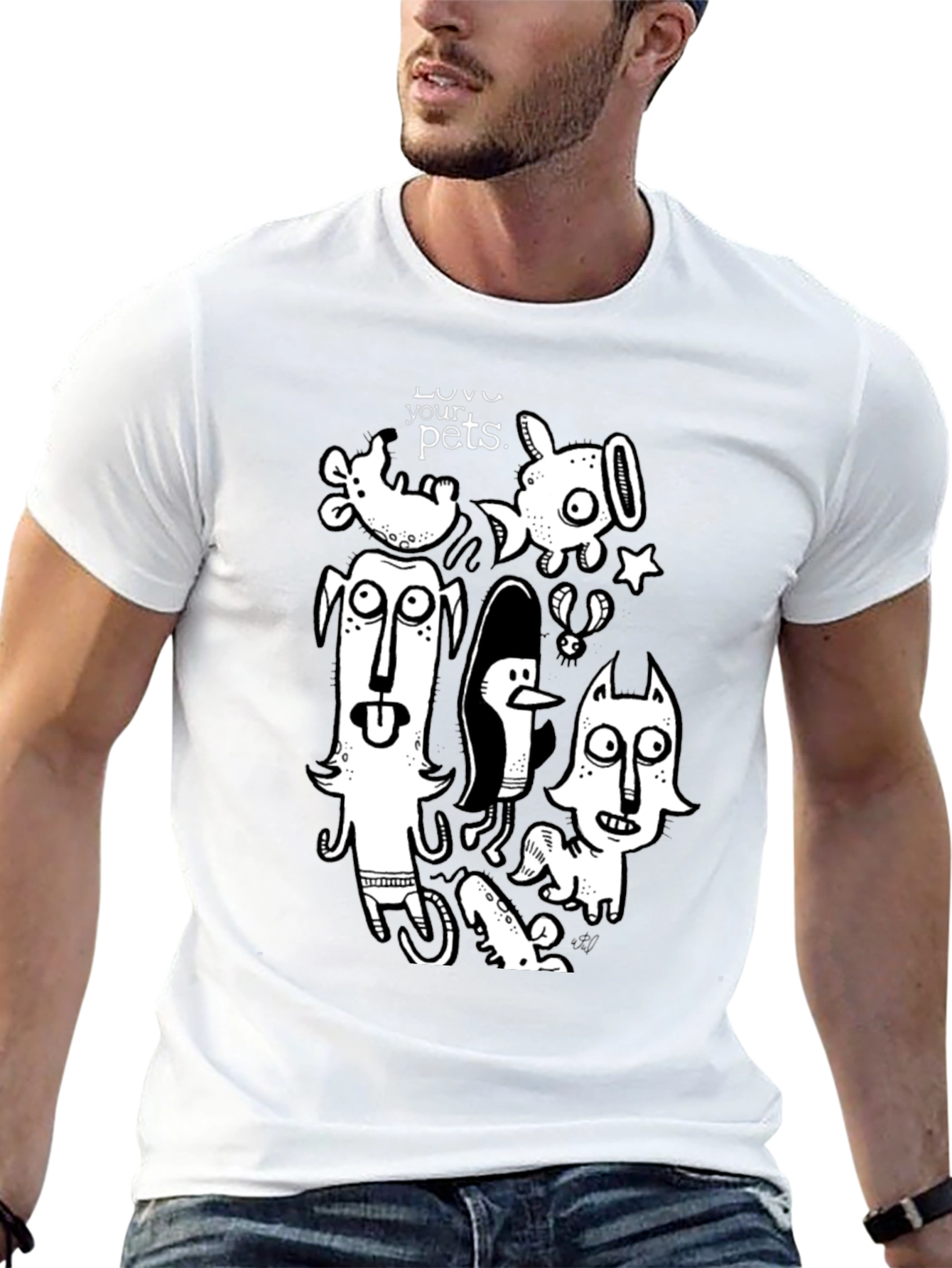 Whimsical Pets Graphic Tee - Black Cotton Casual T-Shirt