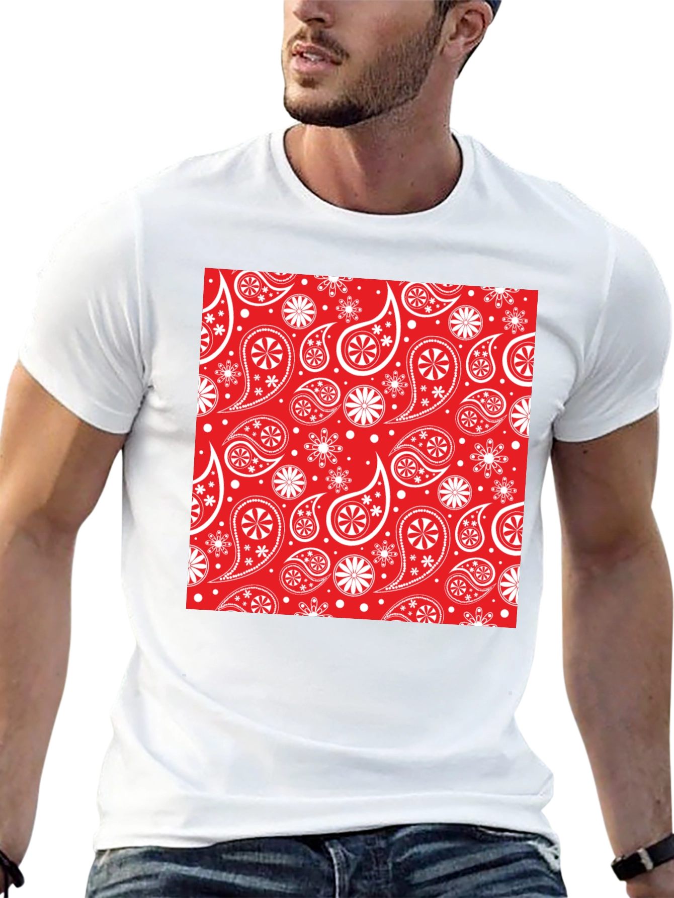 Red Paisley Pattern Black T-Shirt