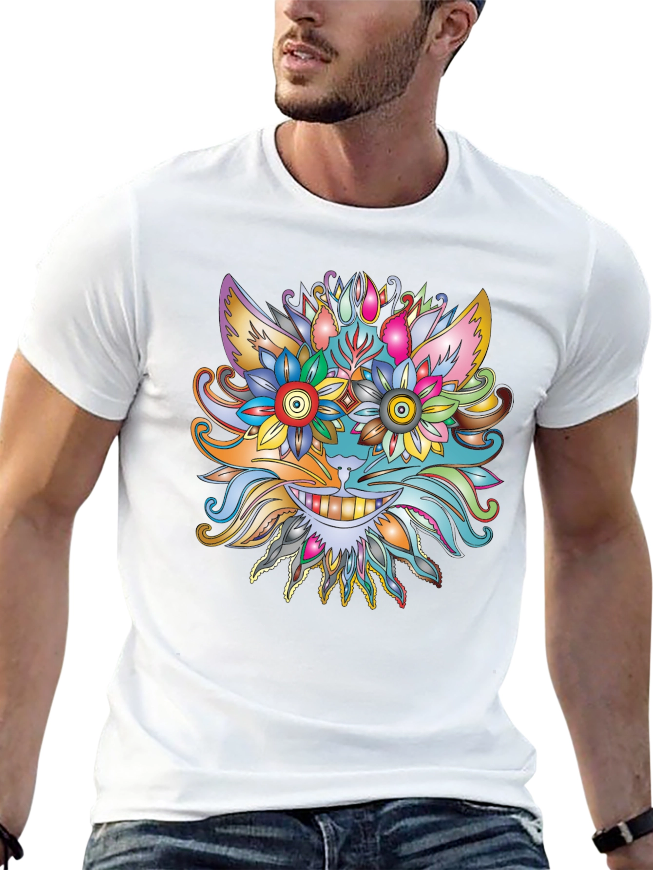 Floral Cat Graphic Tee - Unique Artistic Design