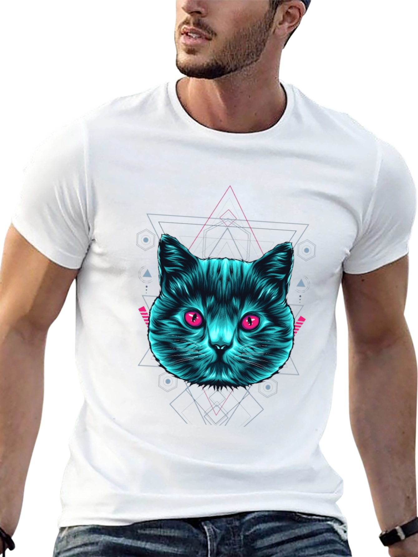 Geometric Cat Graphic Tee - Trendy Black T-Shirt