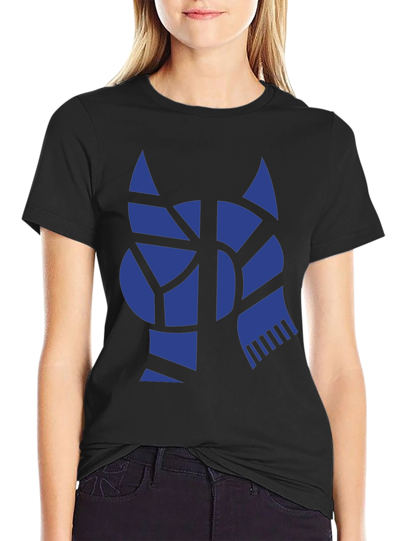 Geometric Blue Cat Black T-Shirt