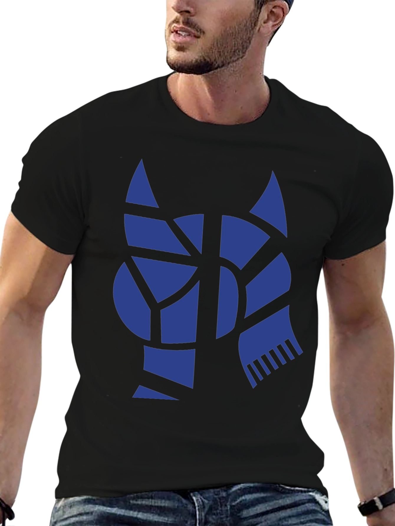 Geometric Blue Cat Black T-Shirt