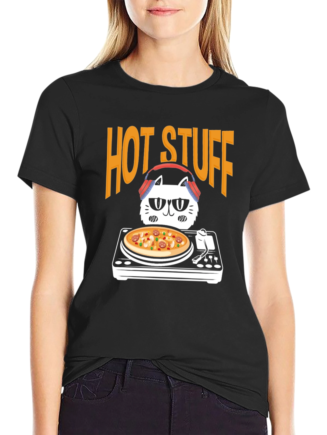 Hot Stuff DJ Cat Pizza T-Shirt