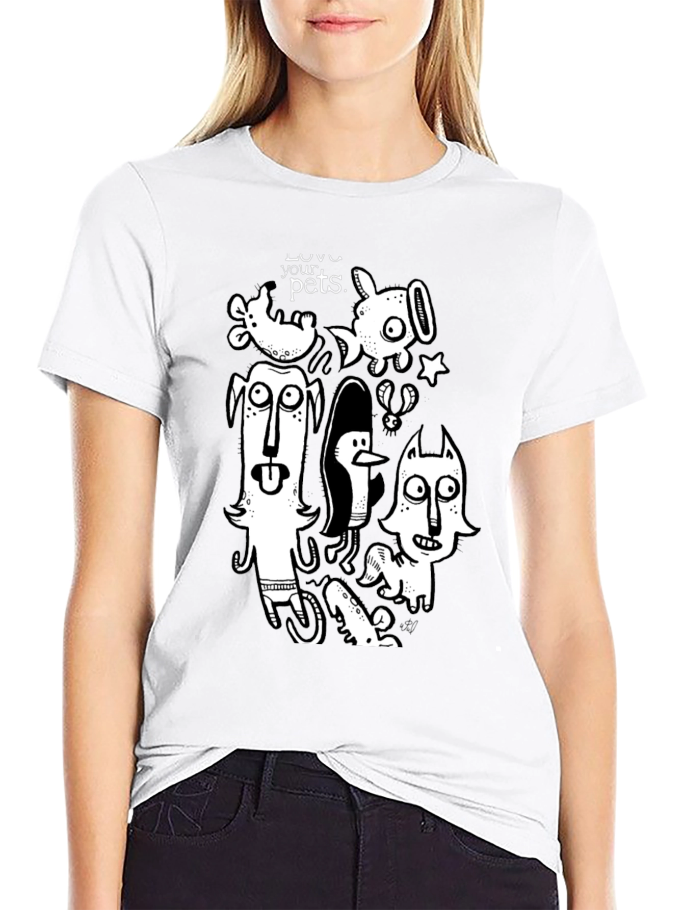 Whimsical Pets Graphic Tee - Black Cotton Casual T-Shirt