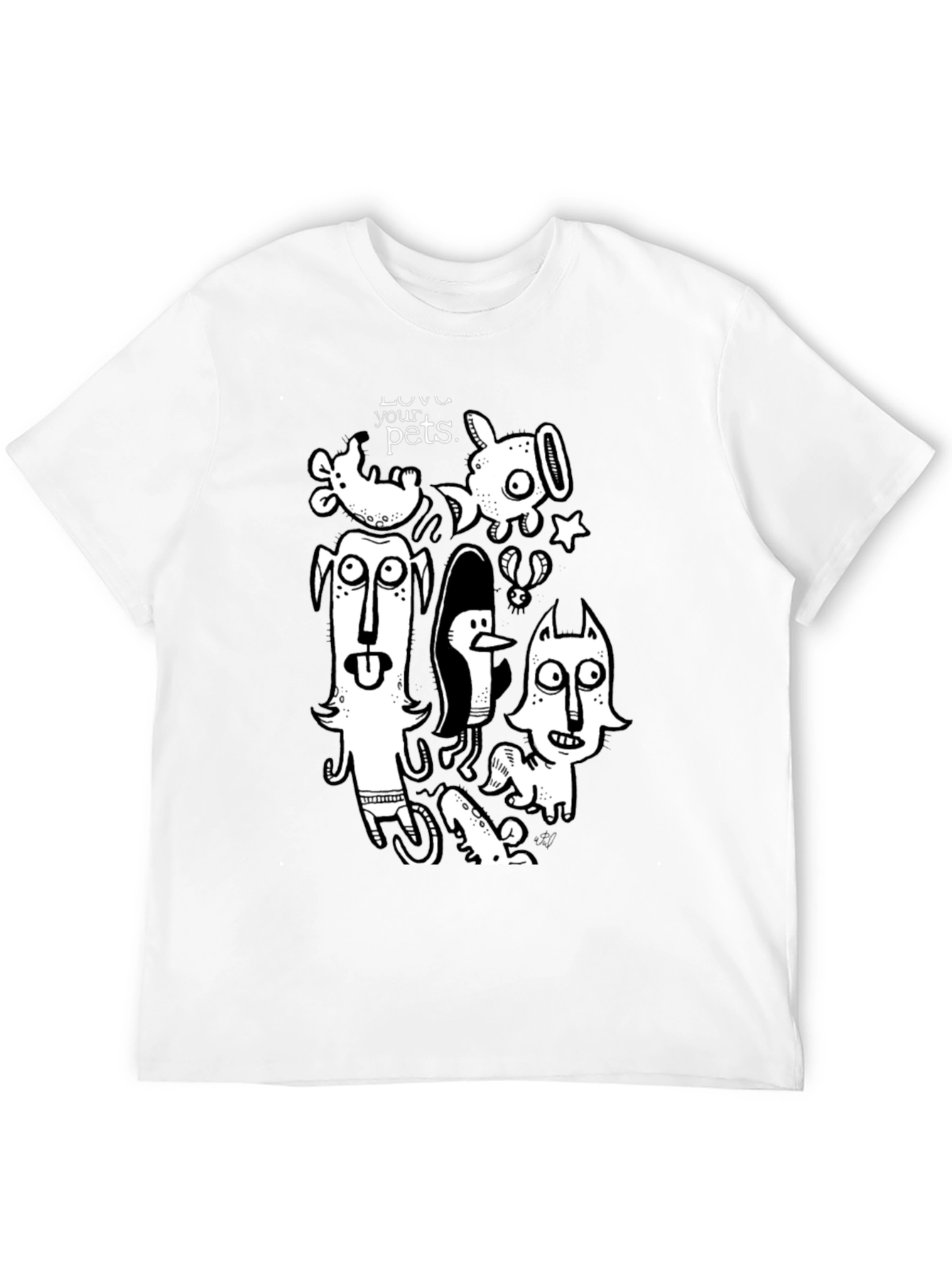 Whimsical Pets Graphic Tee - Black Cotton Casual T-Shirt