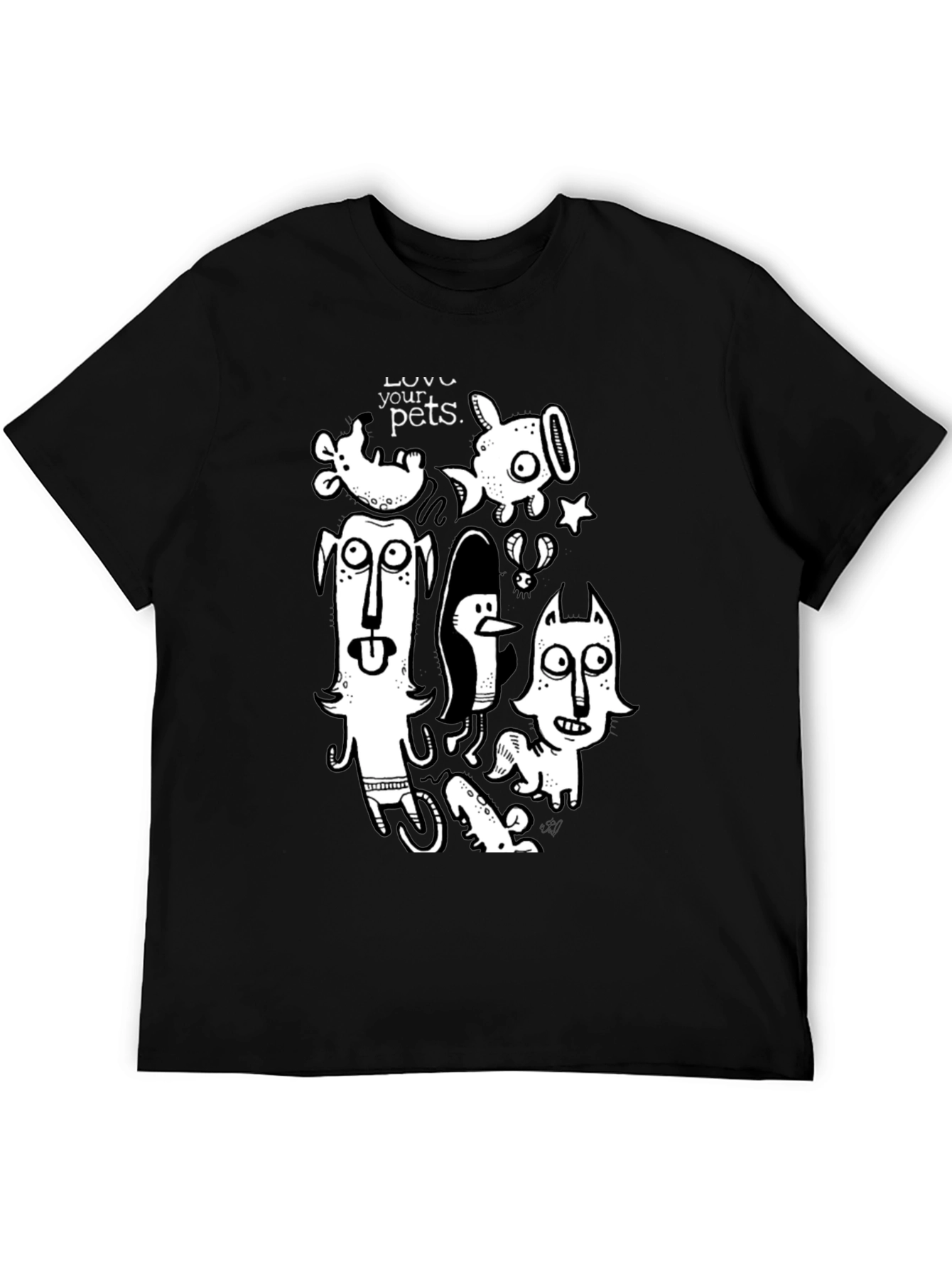 Whimsical Pets Graphic Tee - Black Cotton Casual T-Shirt