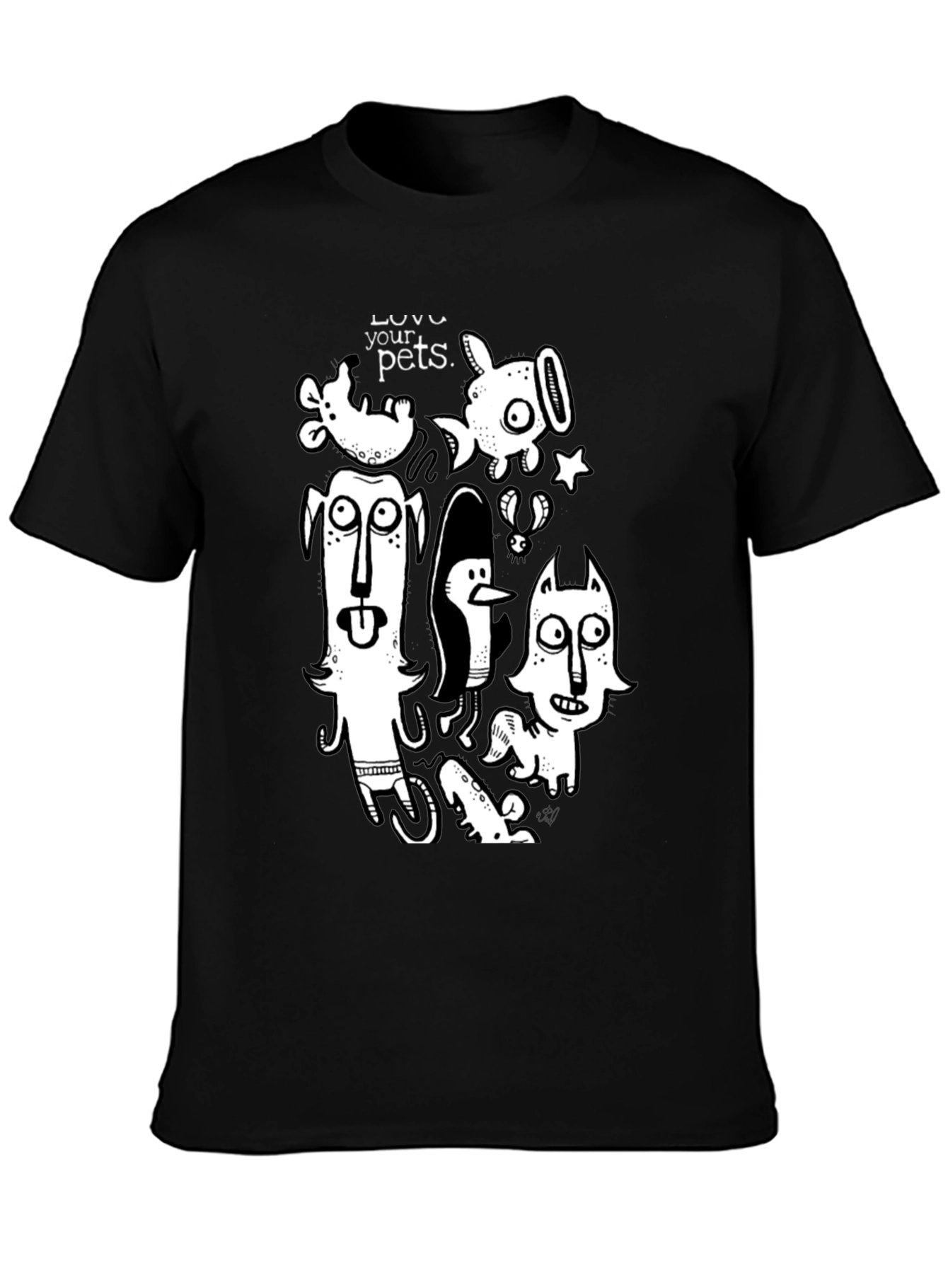 Whimsical Pets Graphic Tee - Black Cotton Casual T-Shirt