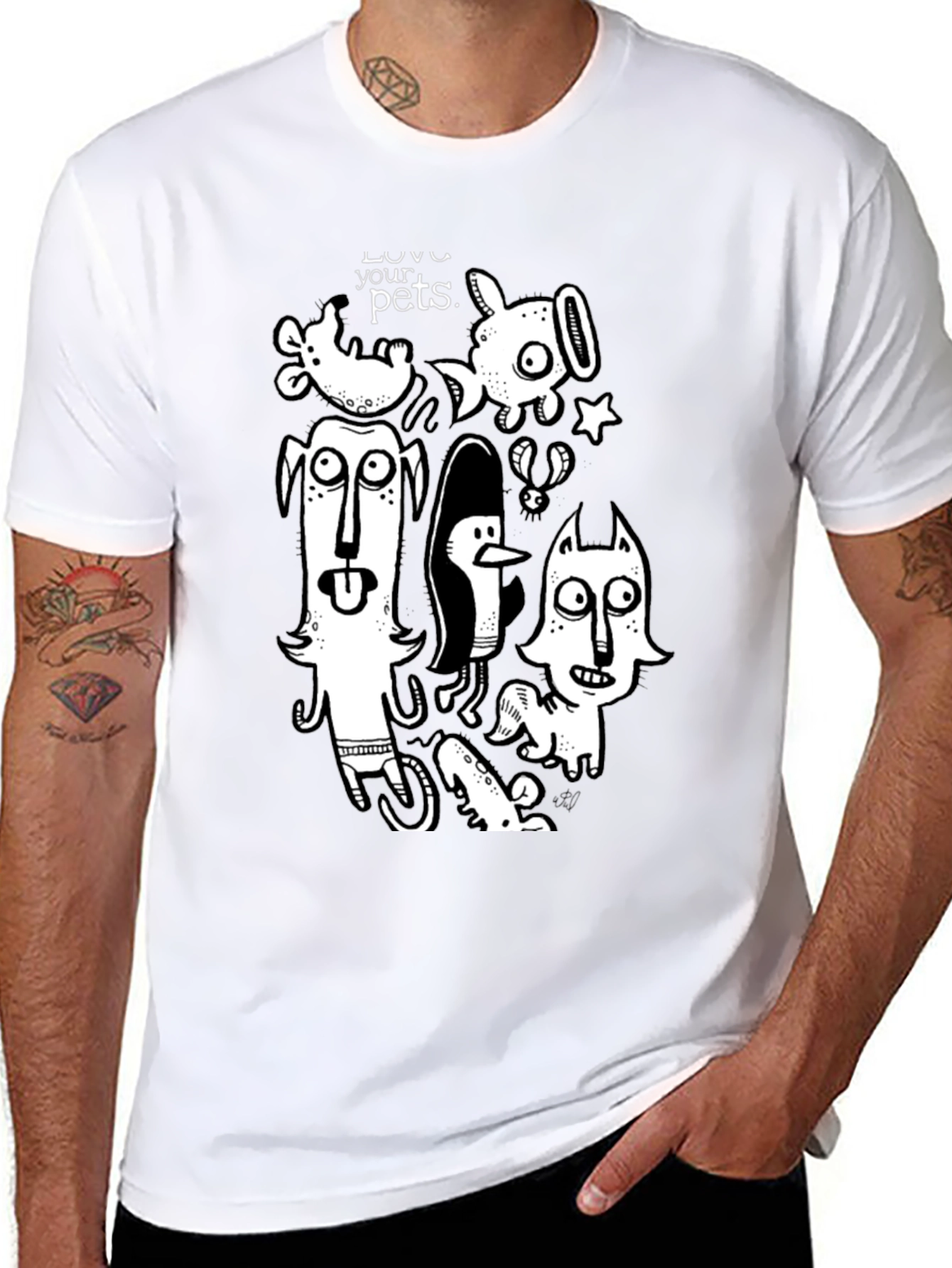 Whimsical Pets Graphic Tee - Black Cotton Casual T-Shirt