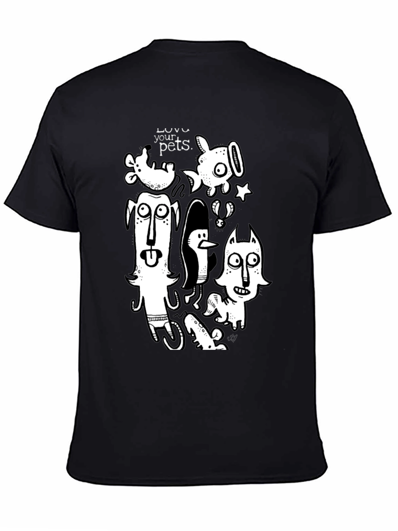Whimsical Pets Graphic Tee - Black Cotton Casual T-Shirt