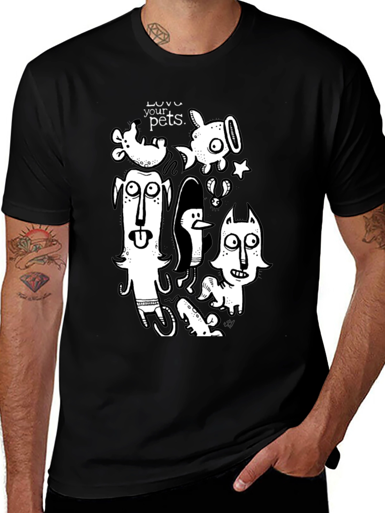 Whimsical Pets Graphic Tee - Black Cotton Casual T-Shirt