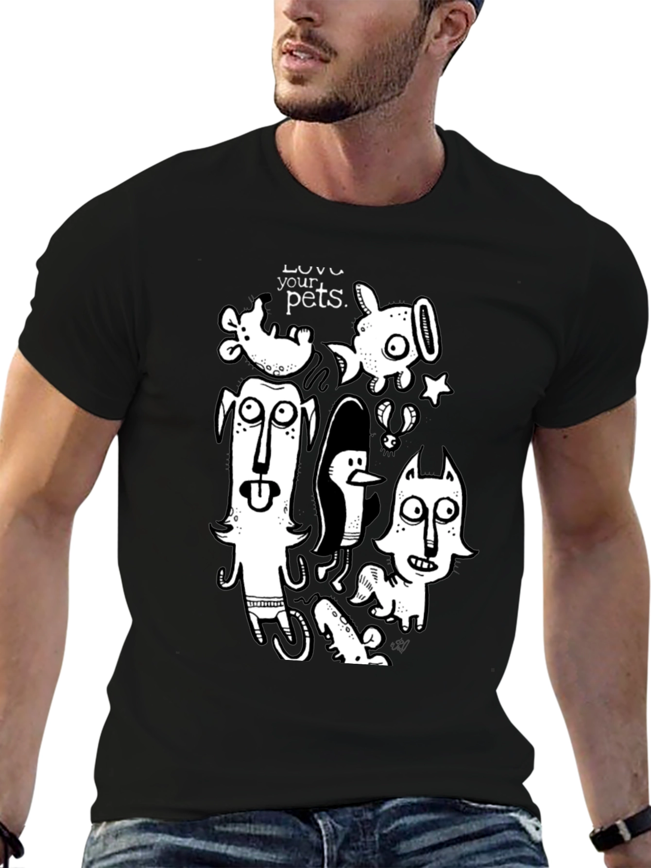 Whimsical Pets Graphic Tee - Black Cotton Casual T-Shirt