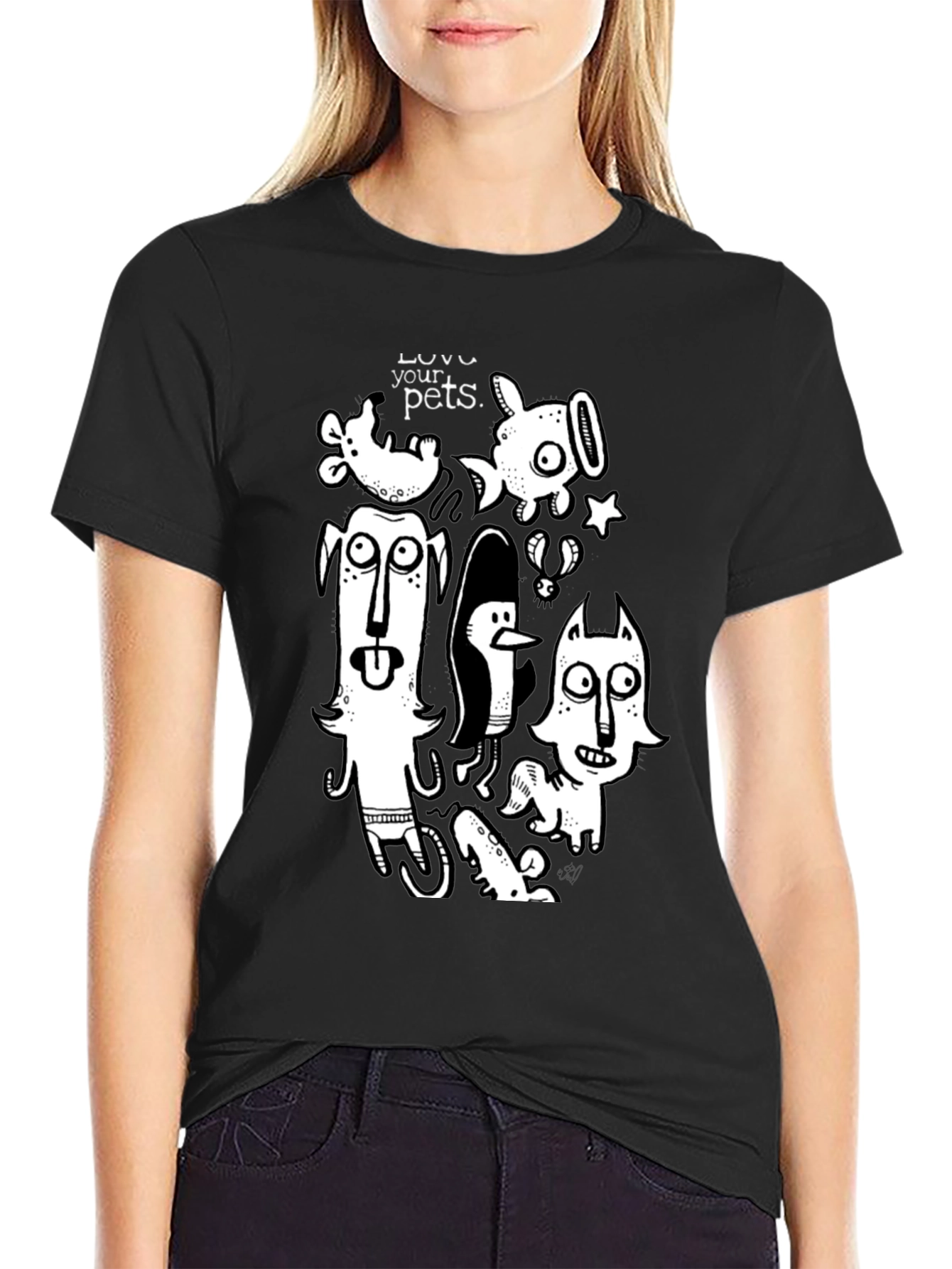 Whimsical Pets Graphic Tee - Black Cotton Casual T-Shirt