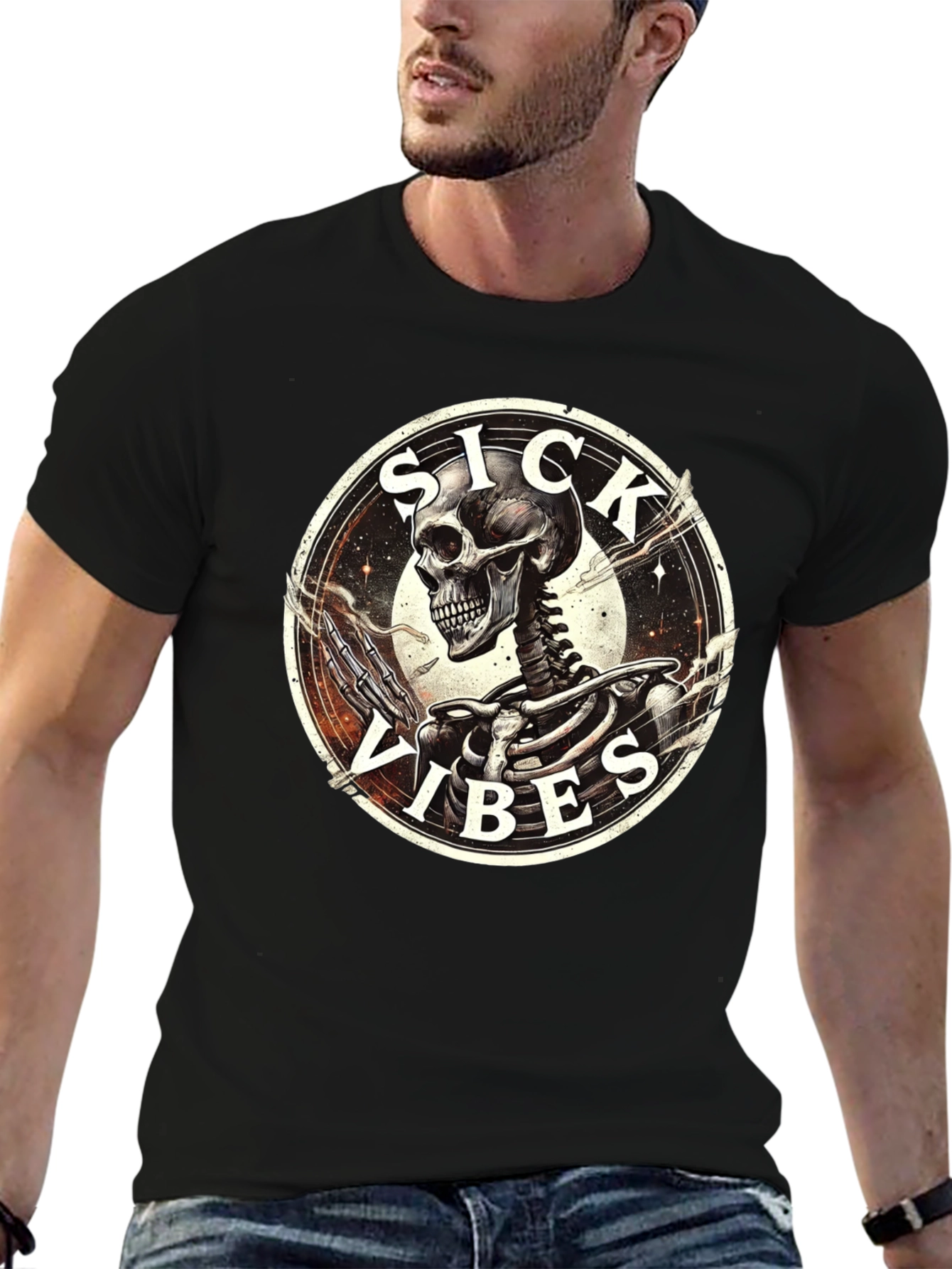 Sick Vibes Skeleton Graphic T-Shirt - Black