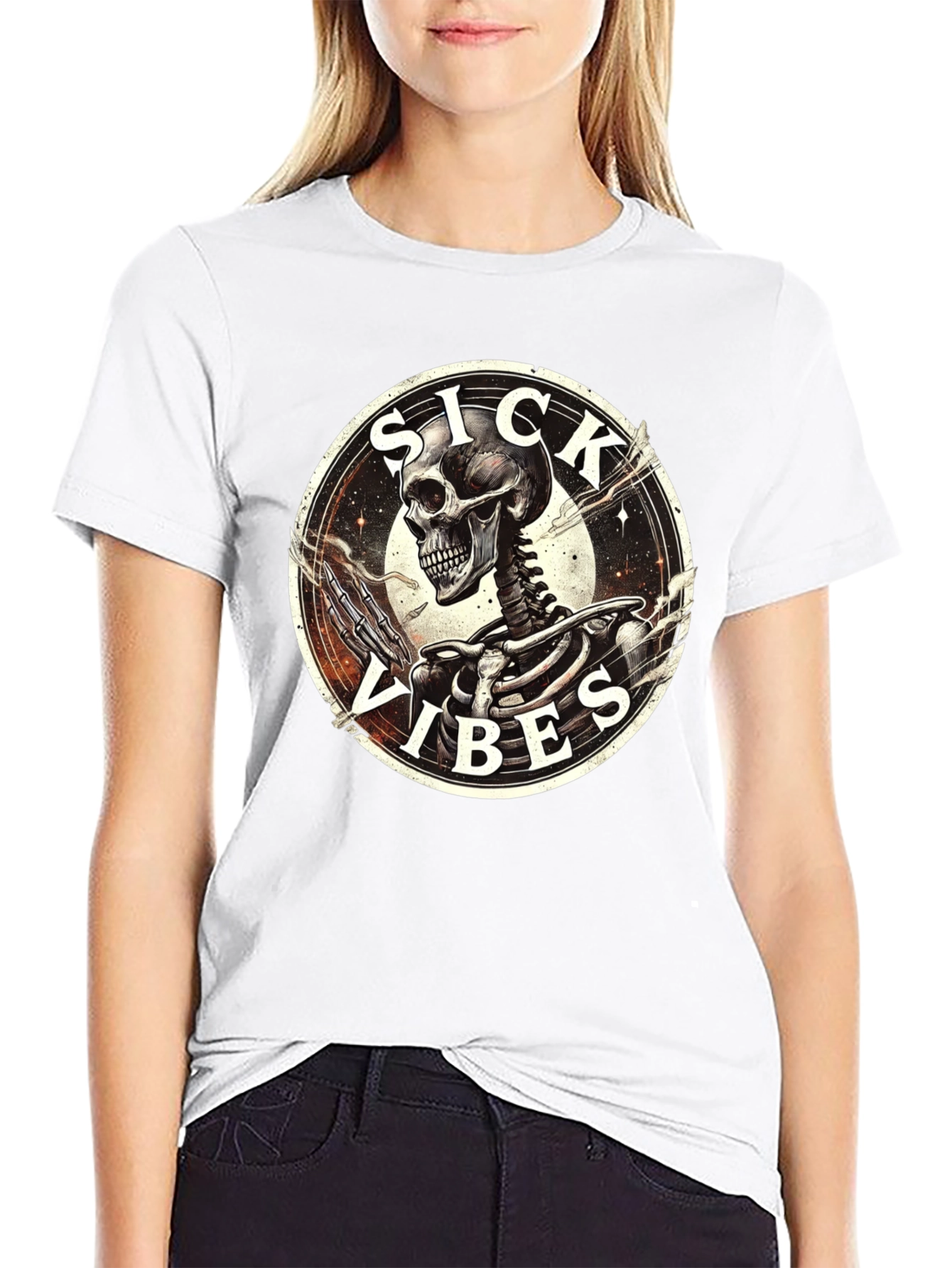 Sick Vibes Skeleton Graphic T-Shirt - Black