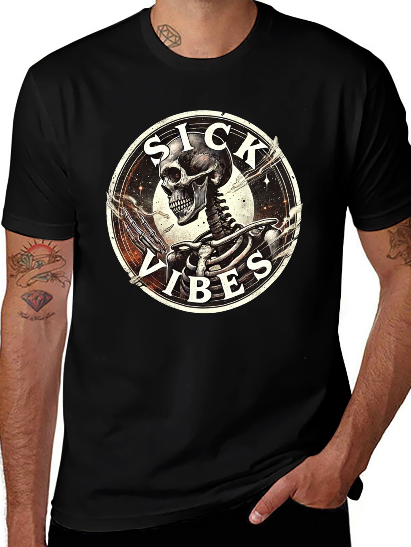 Sick Vibes Skeleton Graphic T-Shirt - Black