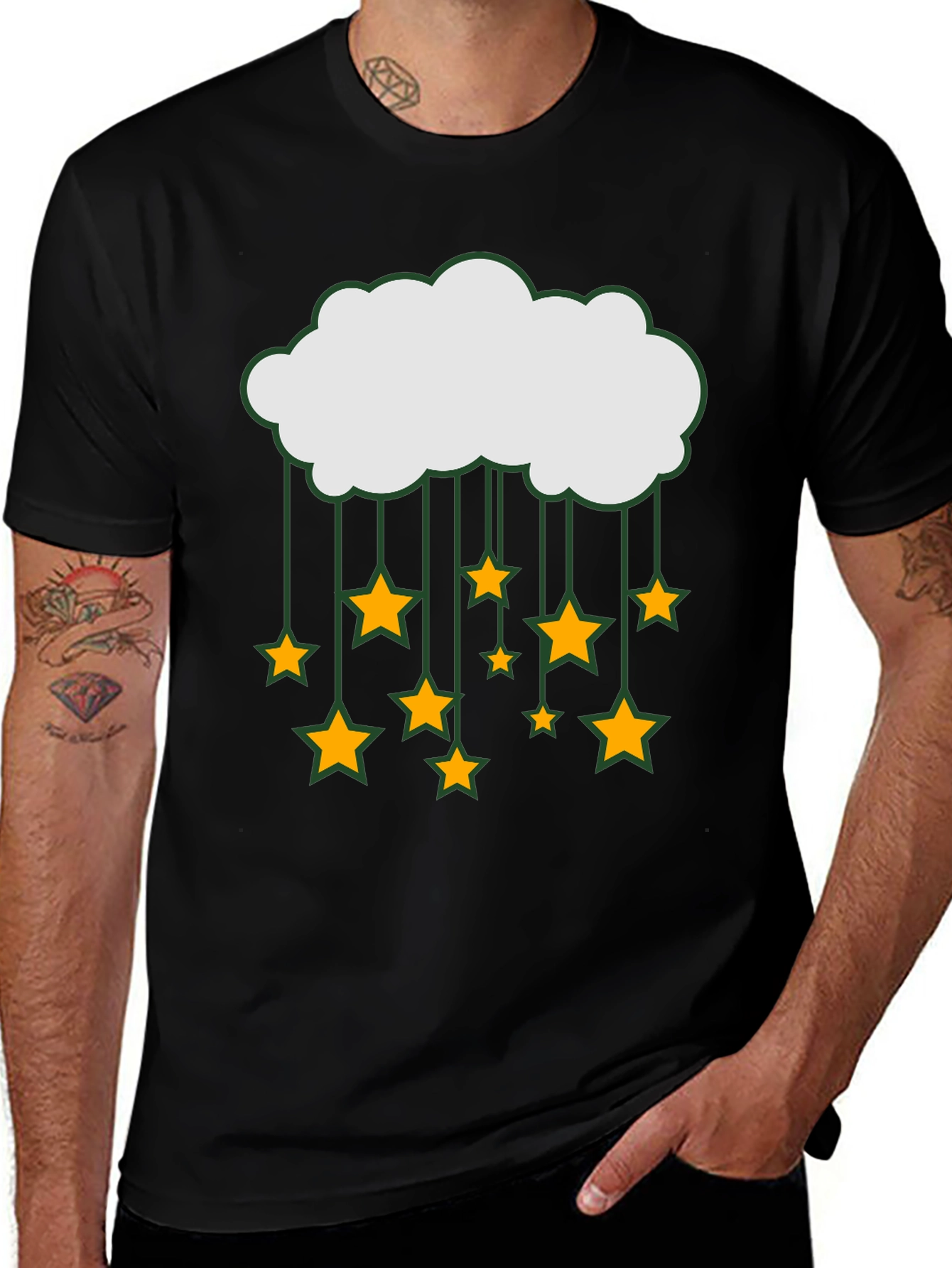 Cloud and Stars Graphic Tee - Black Cotton T-Shirt