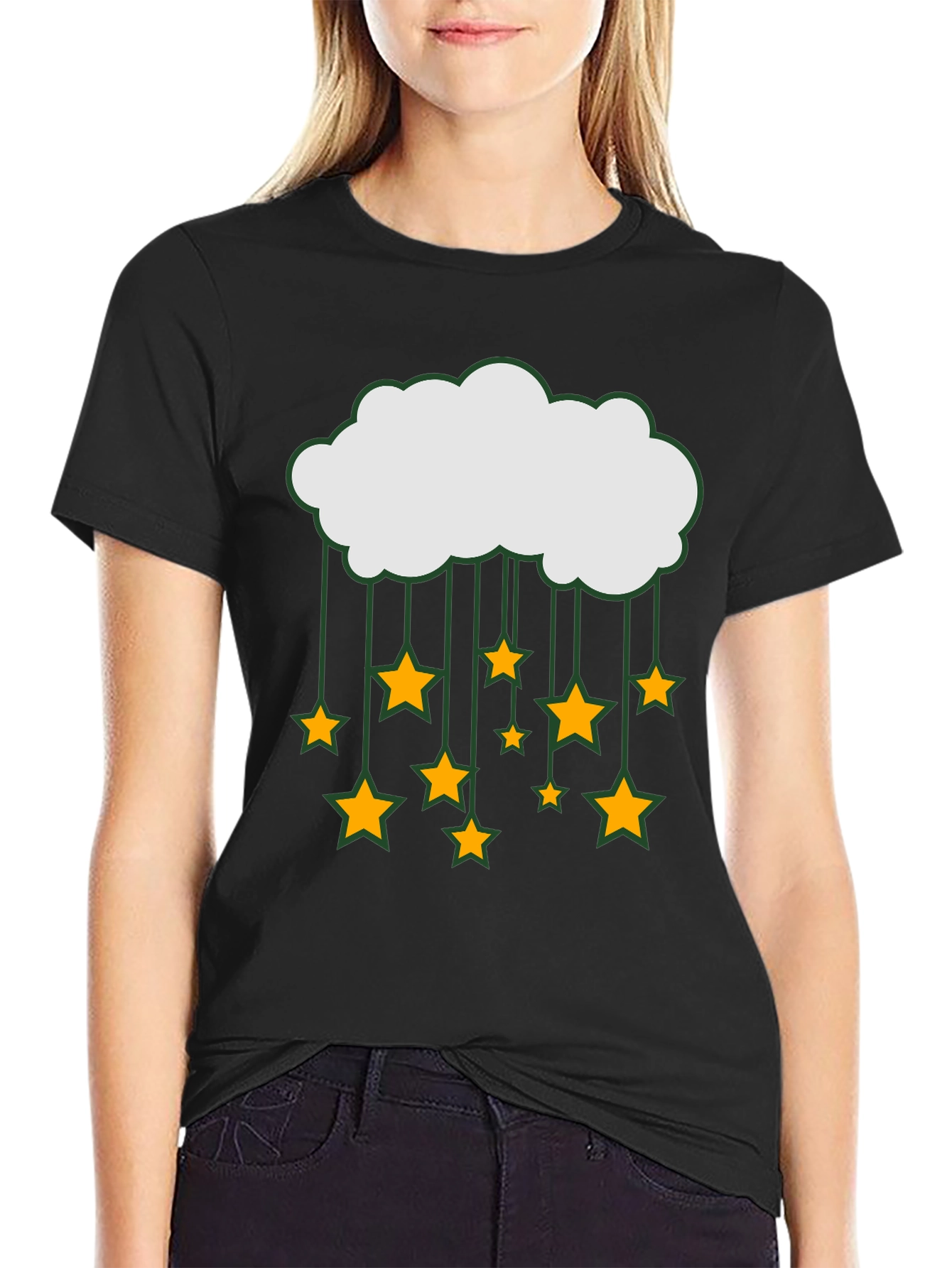 Cloud and Stars Graphic Tee - Black Cotton T-Shirt