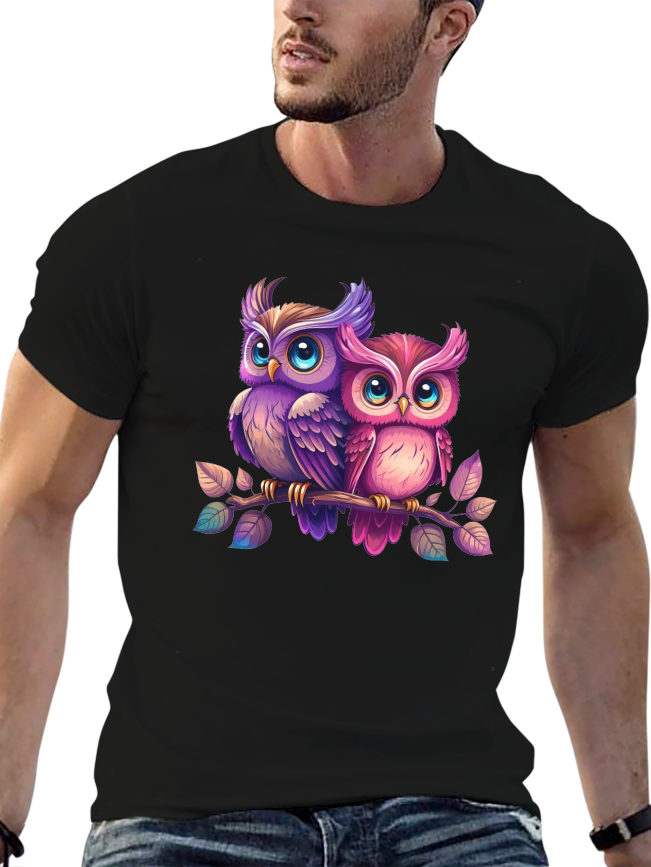 Cute Owl Couple T-Shirt - Black Cotton Tee