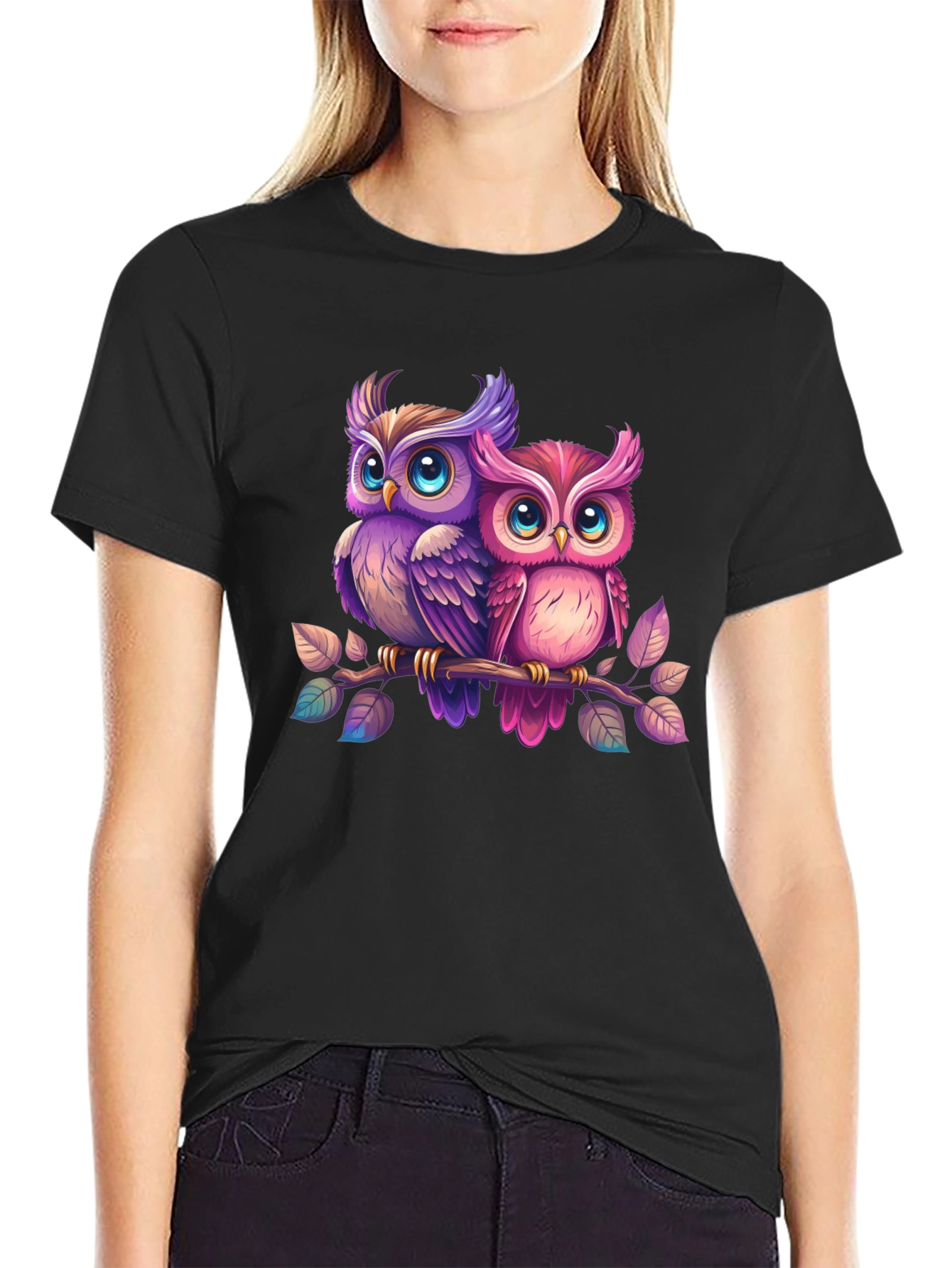 Cute Owl Couple T-Shirt - Black Cotton Tee