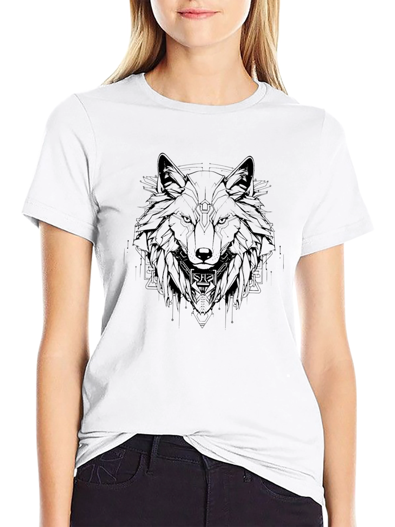 Geometric Wolf Graphic Black T-Shirt