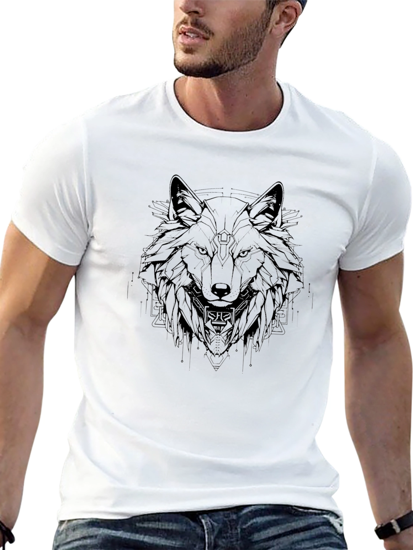 Geometric Wolf Graphic Black T-Shirt
