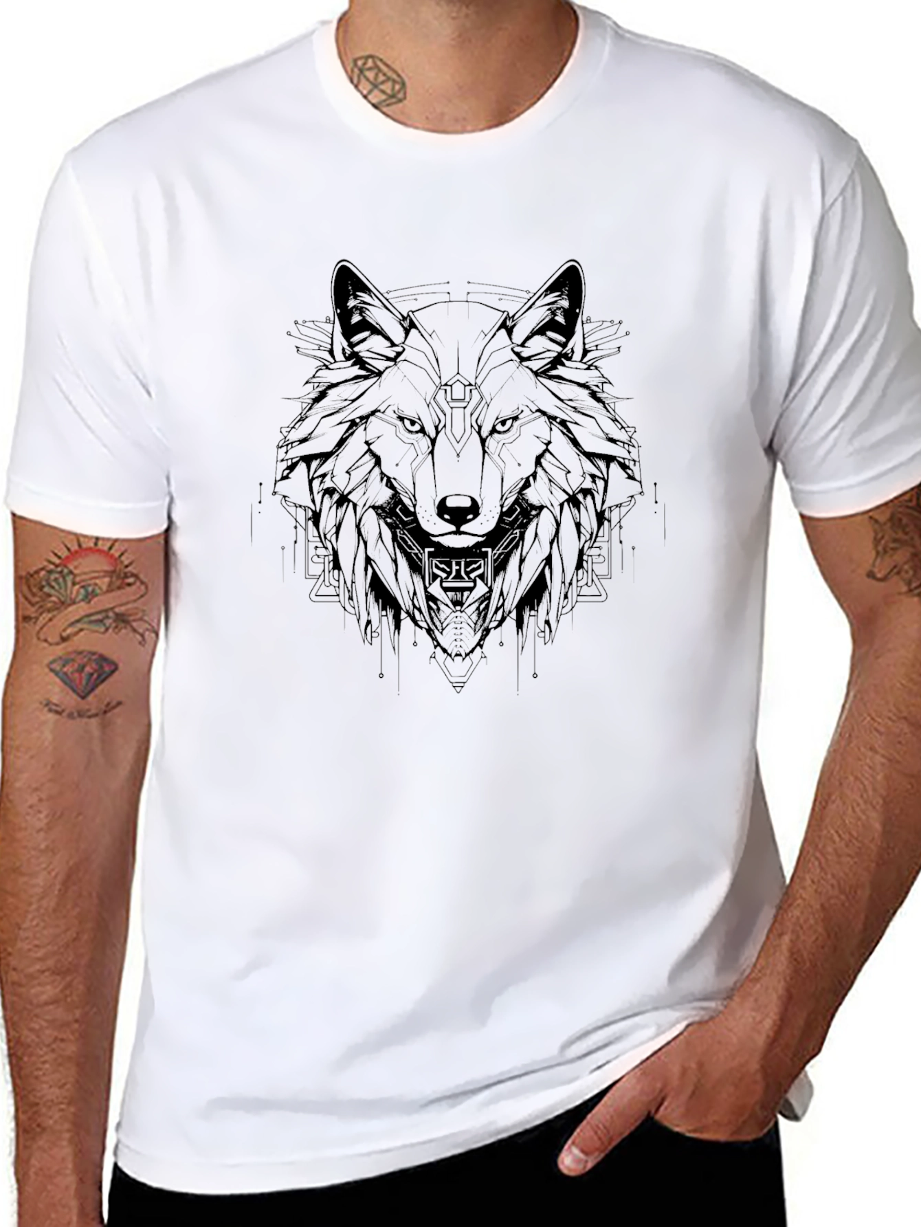 Geometric Wolf Graphic Black T-Shirt
