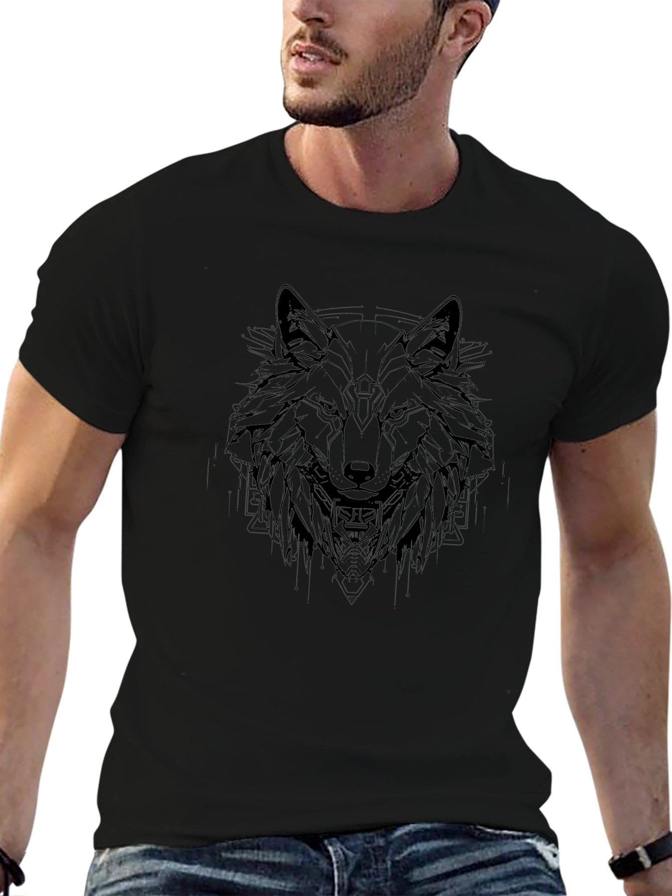 Geometric Wolf Graphic Black T-Shirt