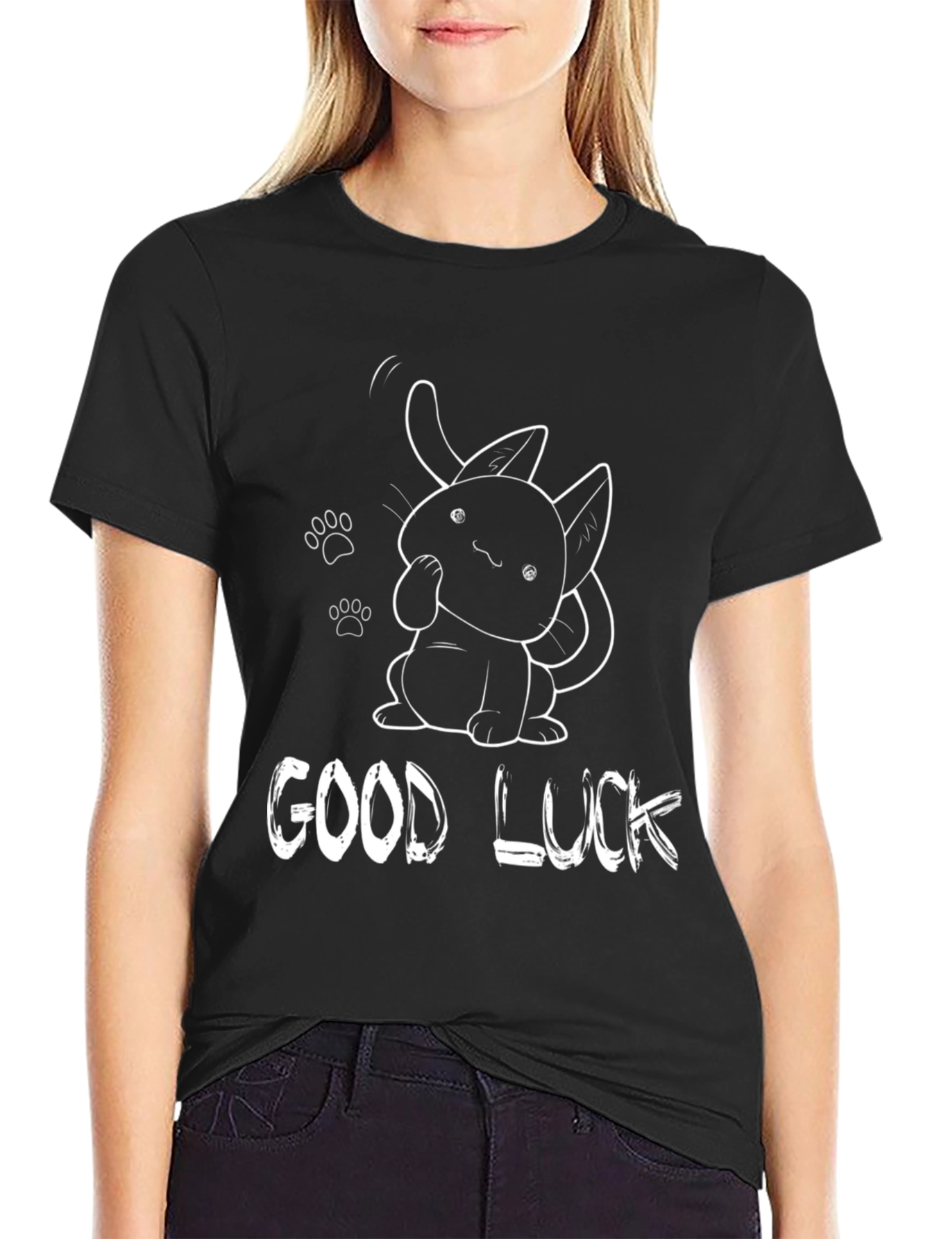 Good Luck Cat Graphic Tee - Black