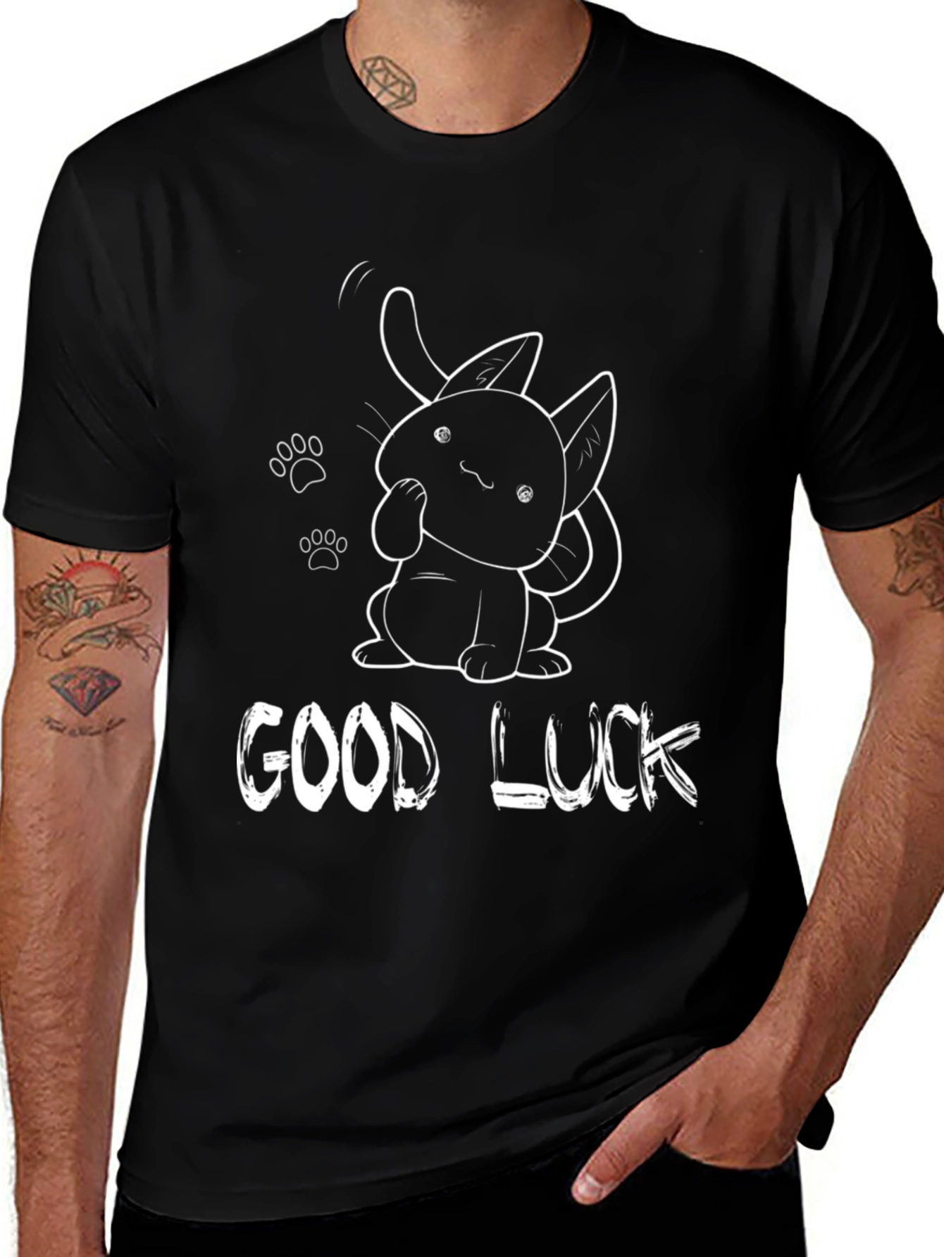 Good Luck Cat Graphic Tee - Black