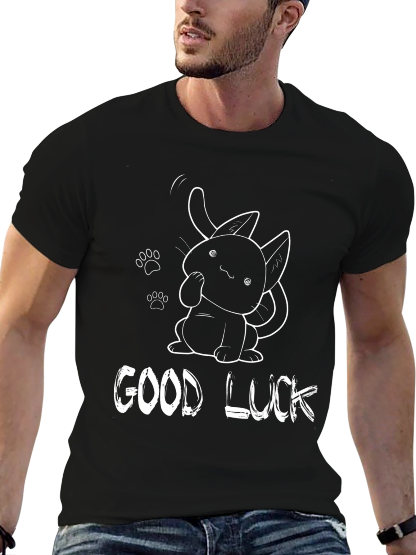 Good Luck Cat Graphic Tee - Black
