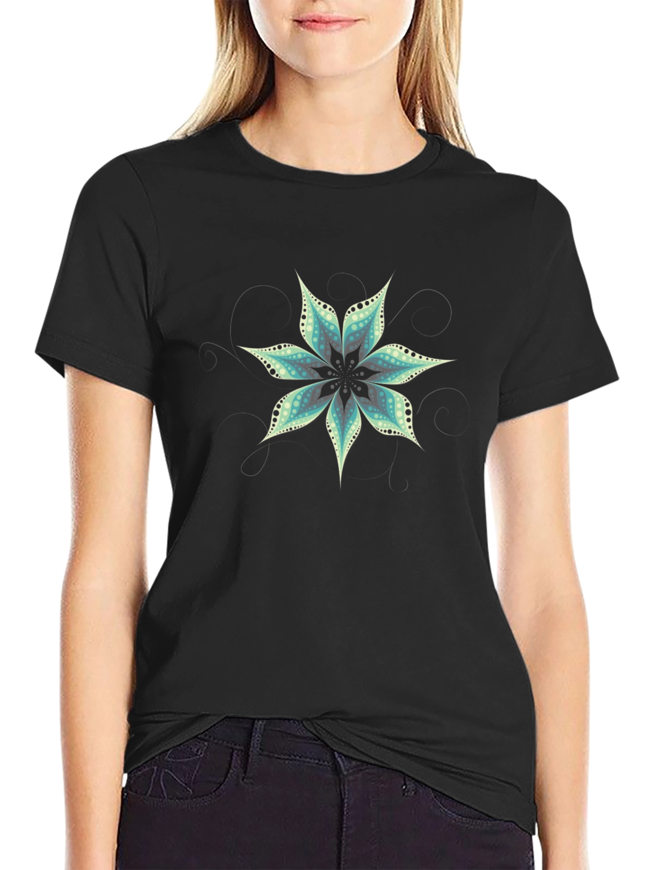 Black T-Shirt with Floral Mandala Design
