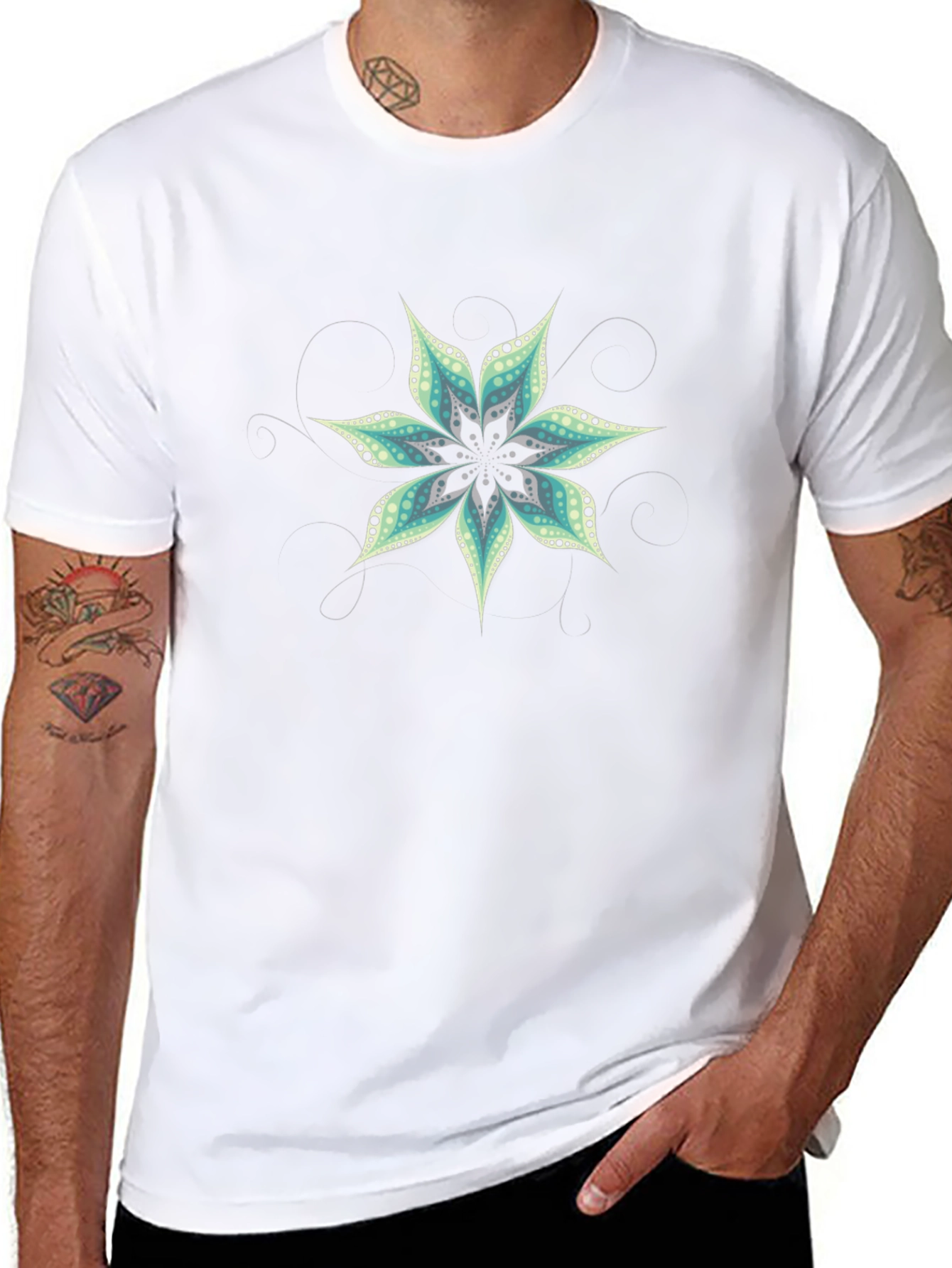 Black T-Shirt with Floral Mandala Design