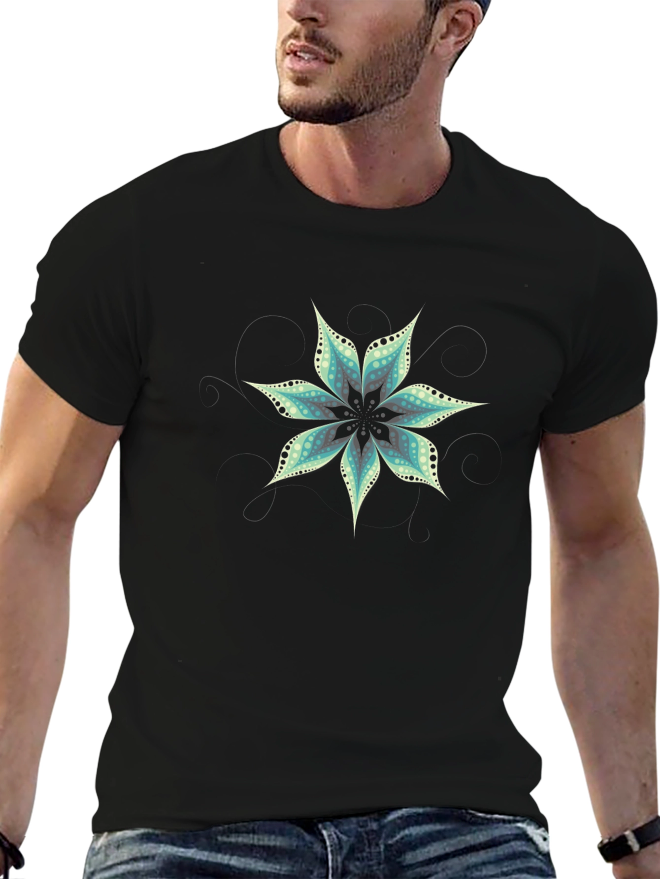 Black T-Shirt with Floral Mandala Design