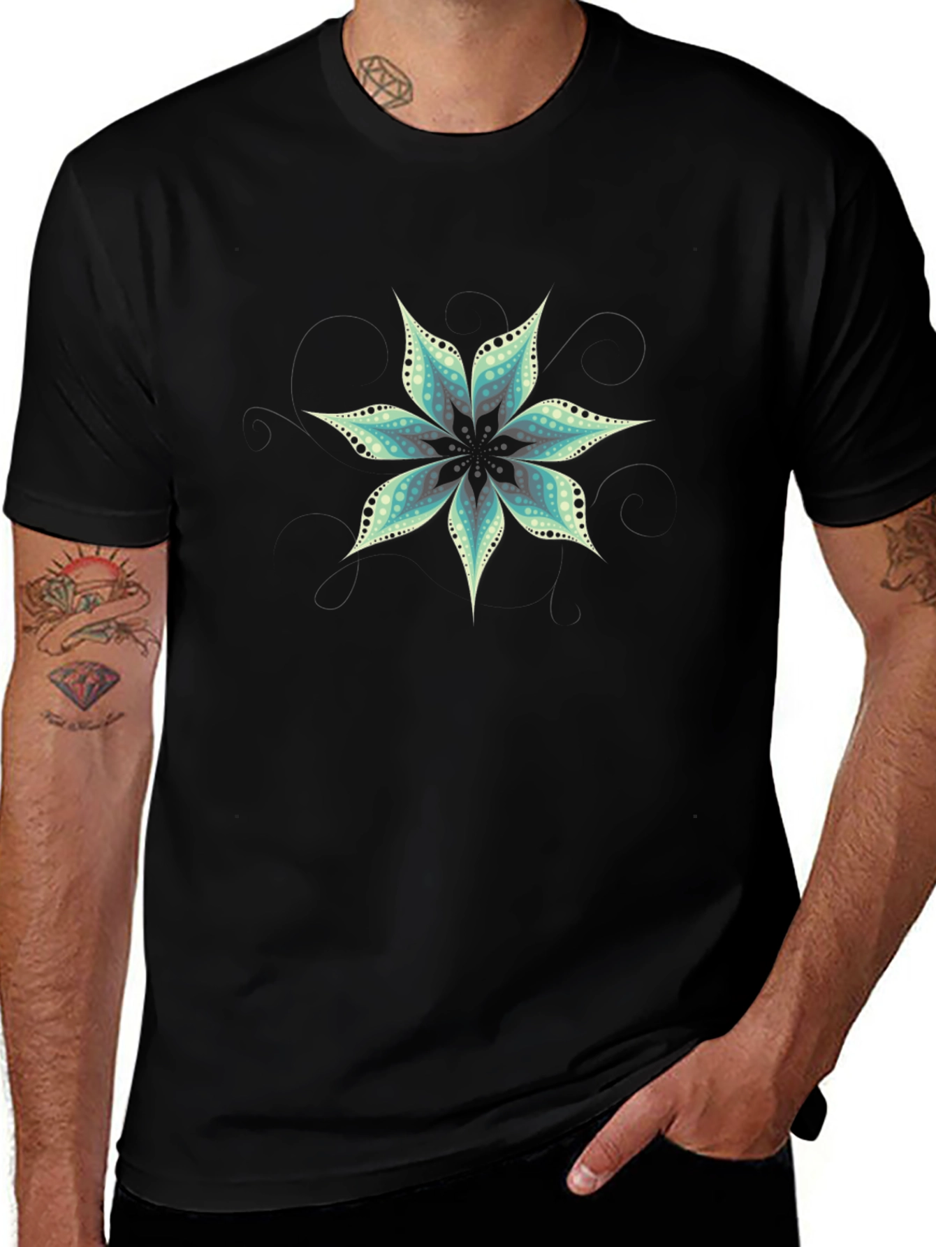 Black T-Shirt with Floral Mandala Design