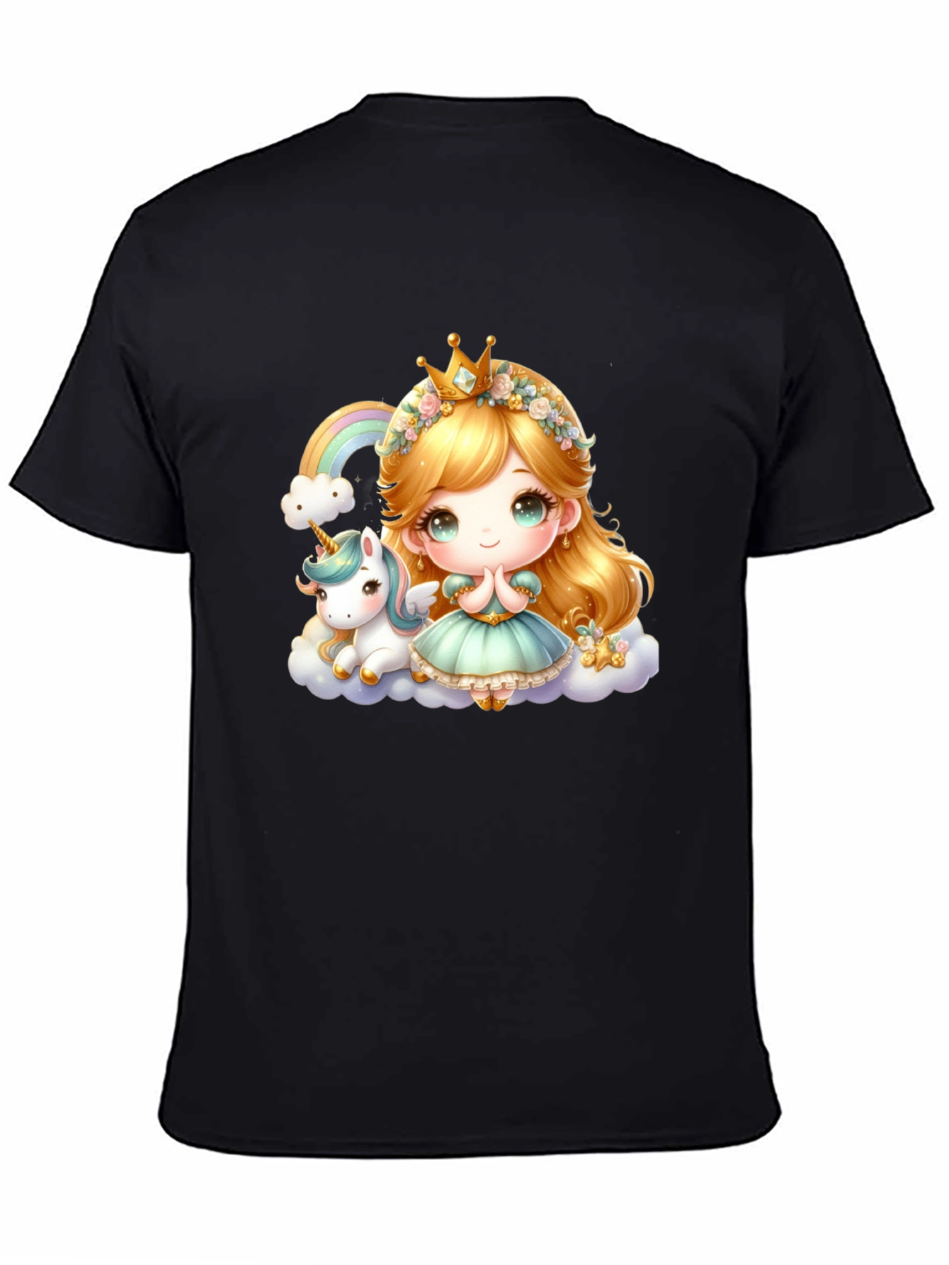 Cute Princess and Unicorn Black T-Shirt
