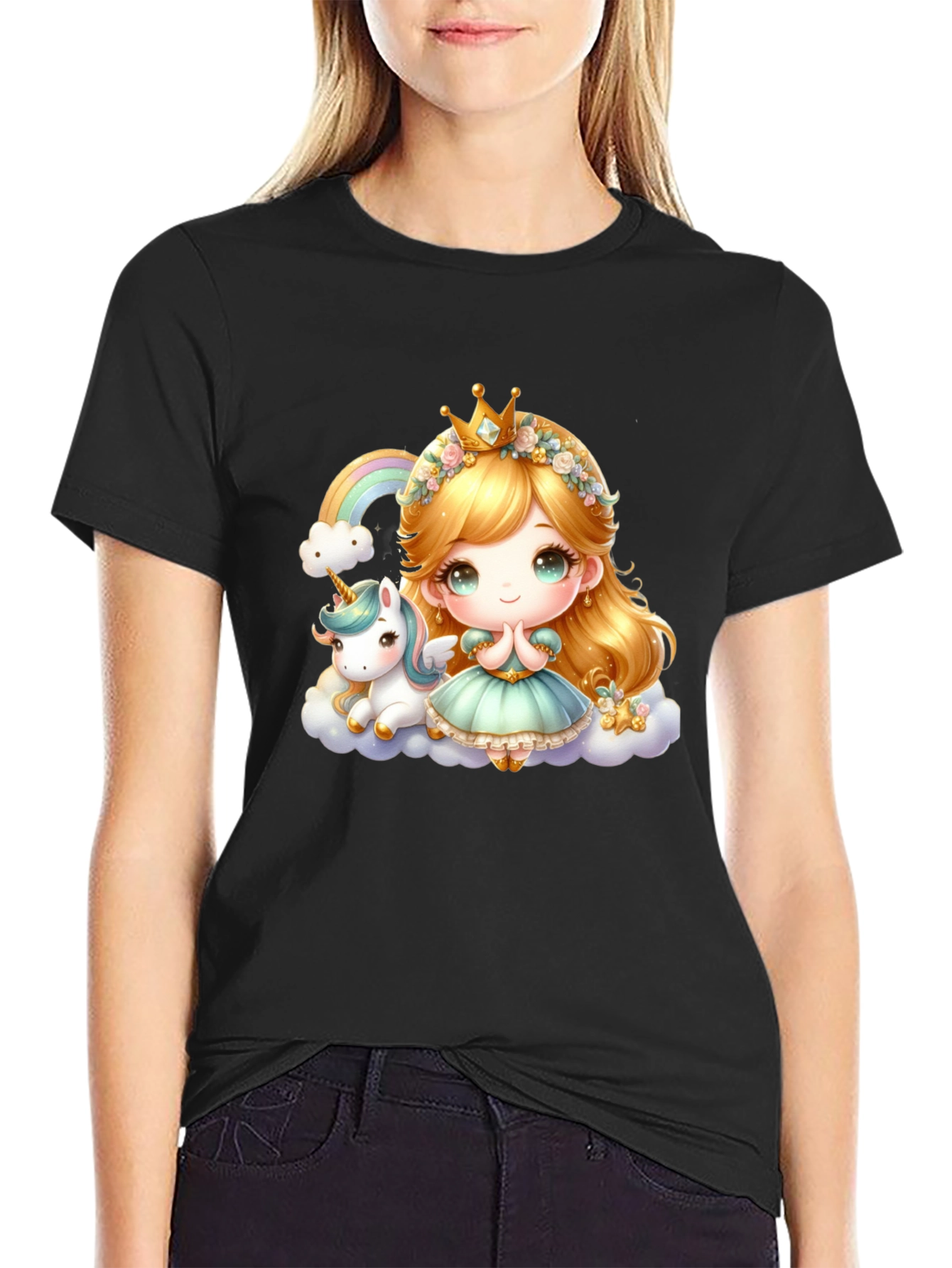 Cute Princess and Unicorn Black T-Shirt