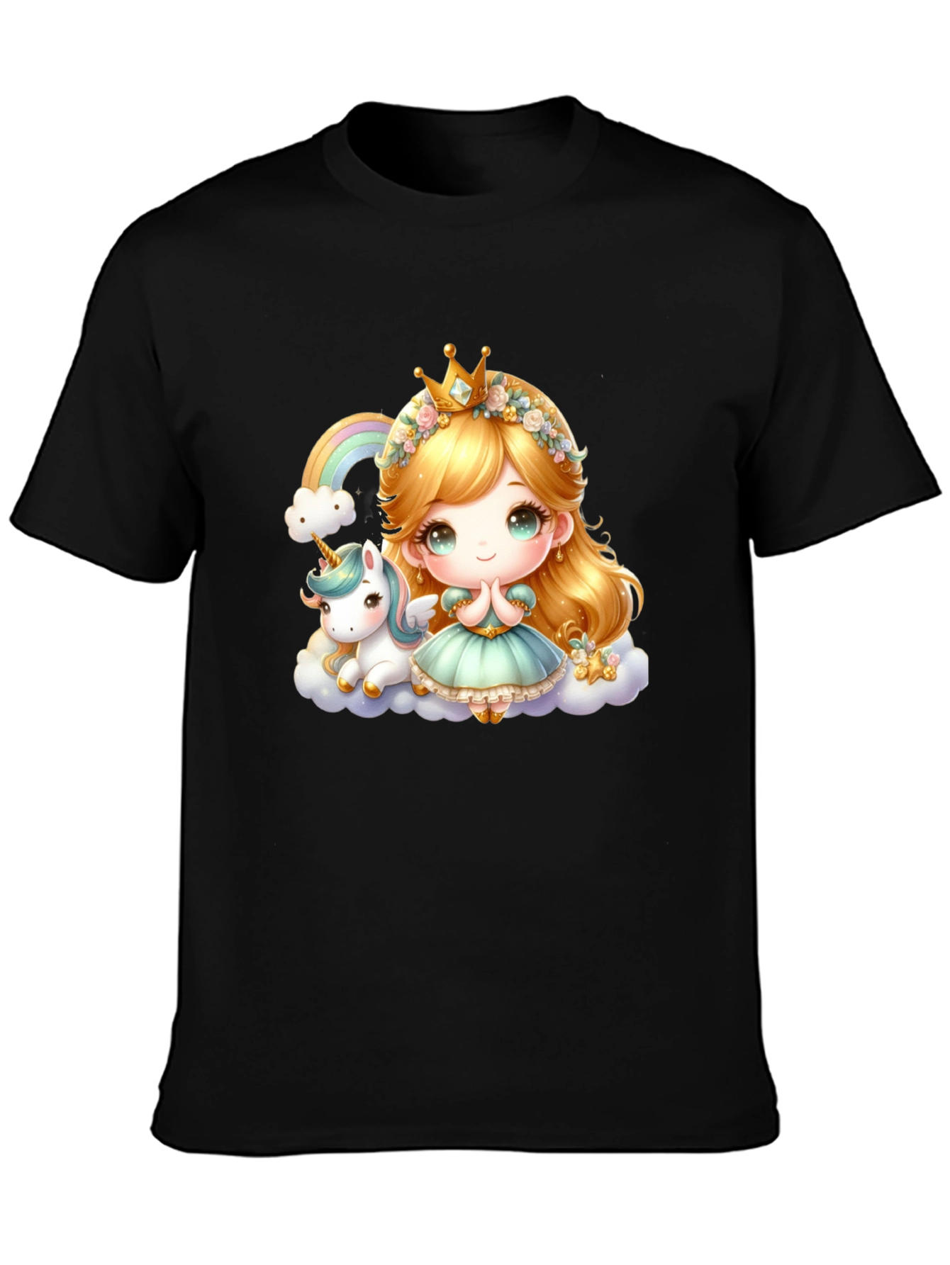Cute Princess and Unicorn Black T-Shirt