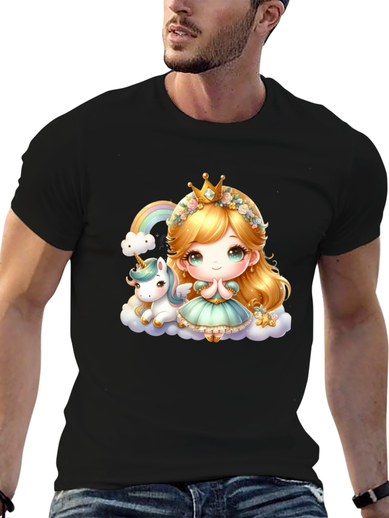 Cute Princess and Unicorn Black T-Shirt
