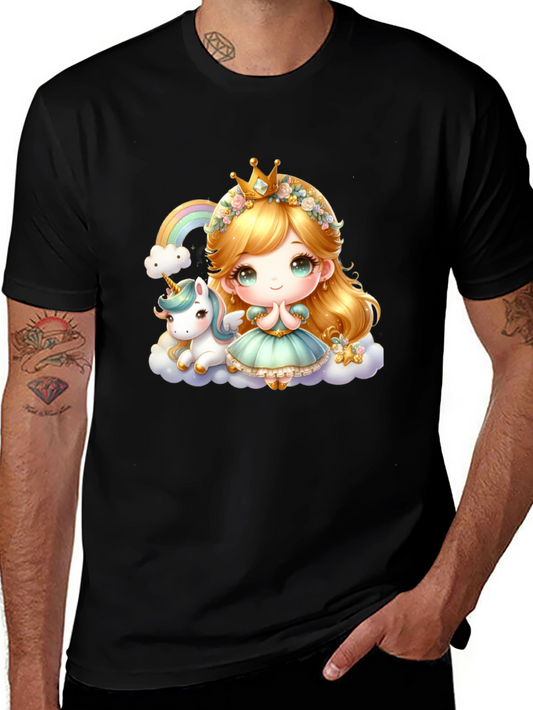 Cute Princess and Unicorn Black T-Shirt