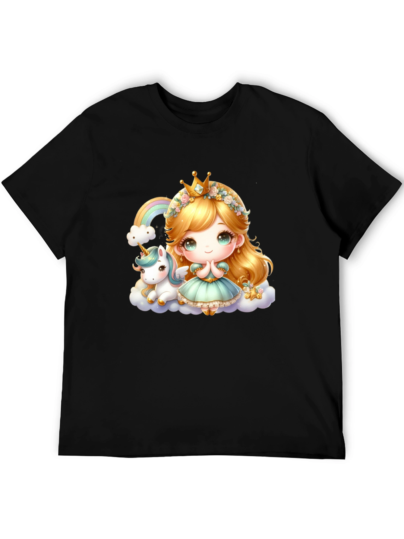 Cute Princess and Unicorn Black T-Shirt