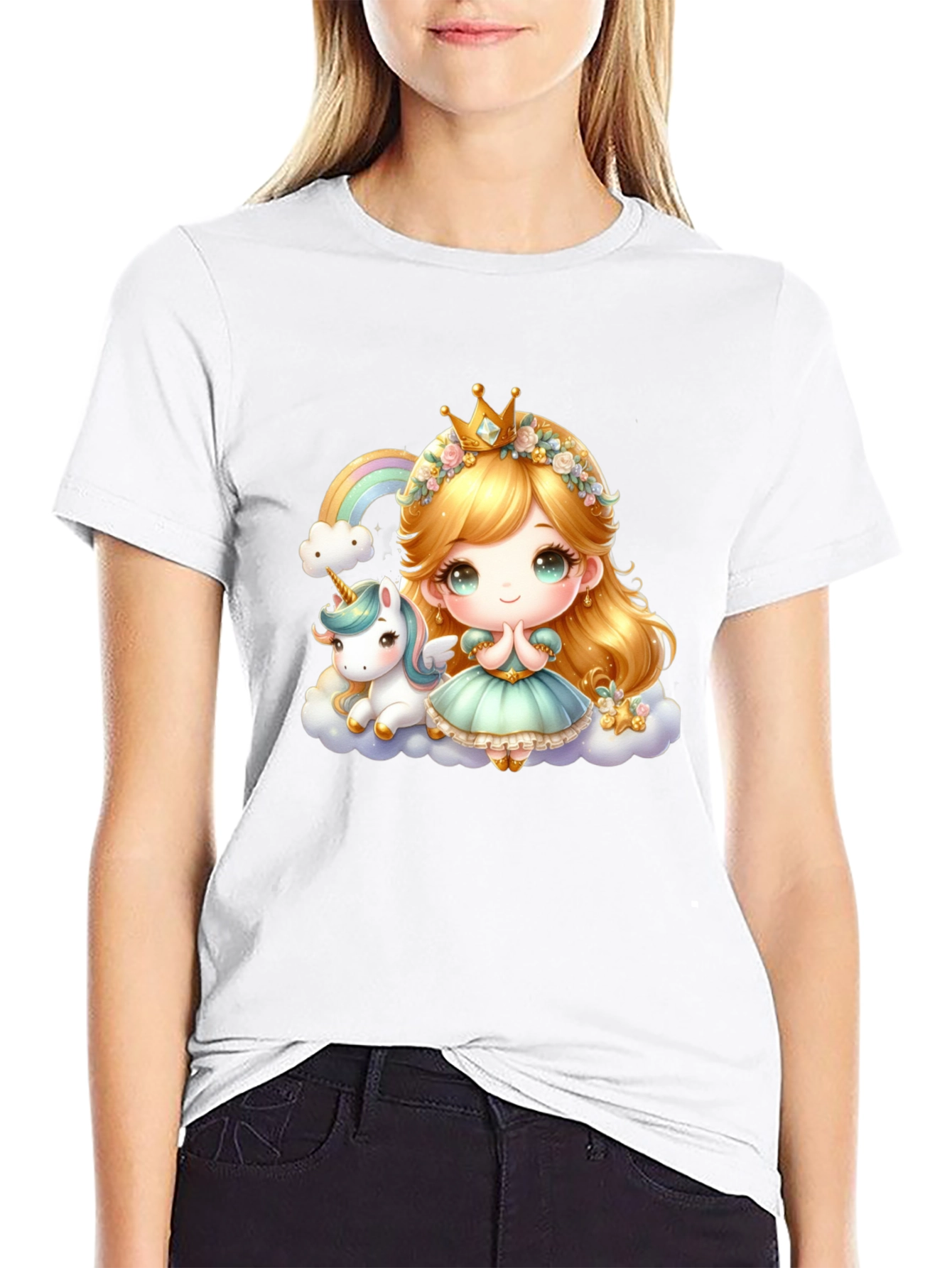 Cute Princess and Unicorn Black T-Shirt