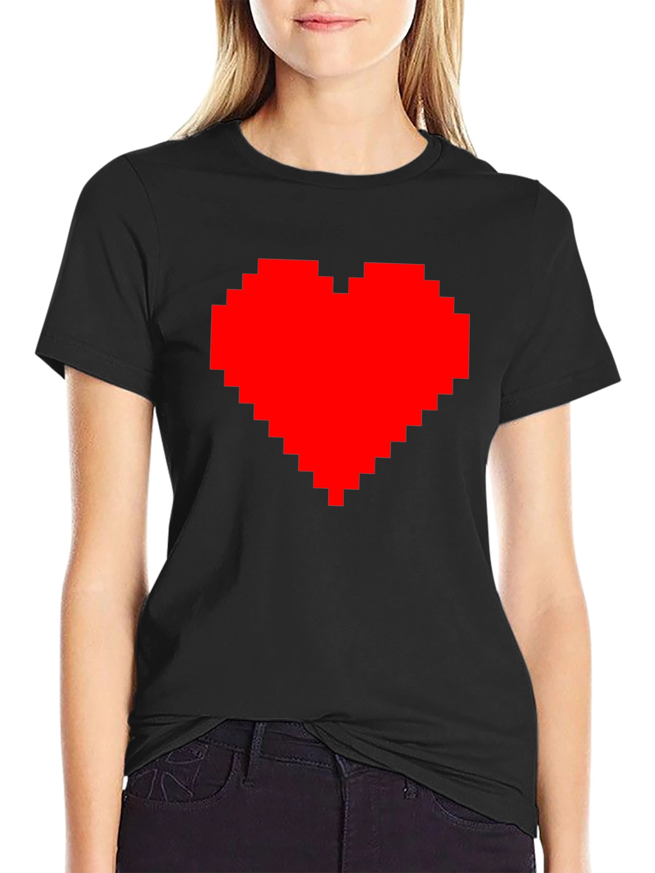 Pixel Heart Graphic Tee - Black Cotton Casual Shirt