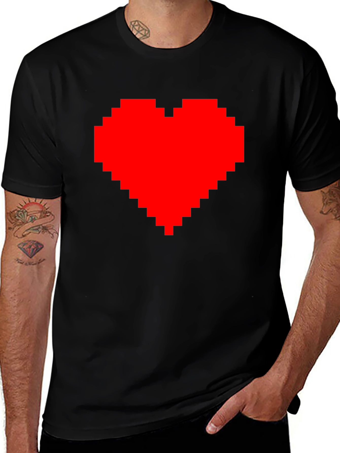 Pixel Heart Graphic Tee - Black Cotton Casual Shirt