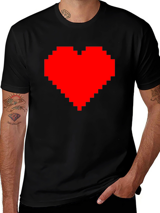 Pixel Heart Graphic Tee - Black Cotton Casual Shirt