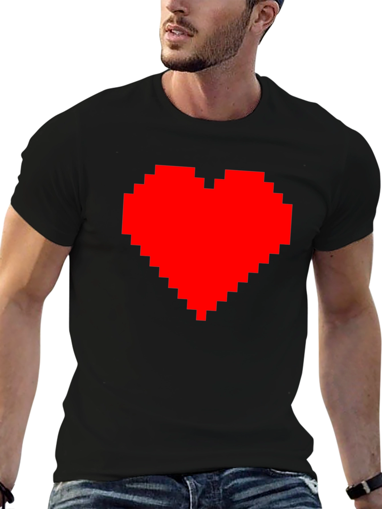 Pixel Heart Graphic Tee - Black Cotton Casual Shirt