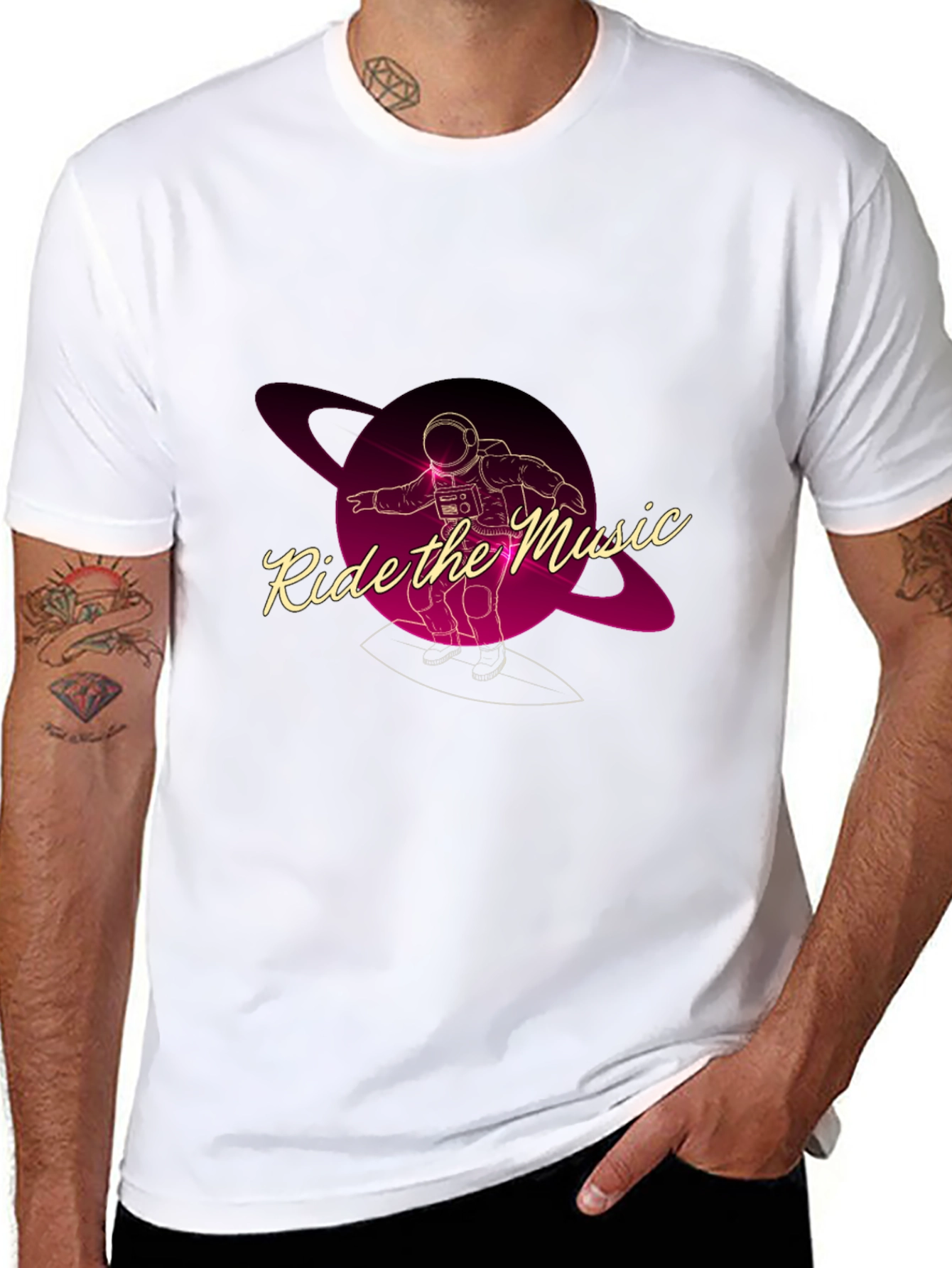 Ride the Music Graphic Tee - Astronaut Surfer T-Shirt