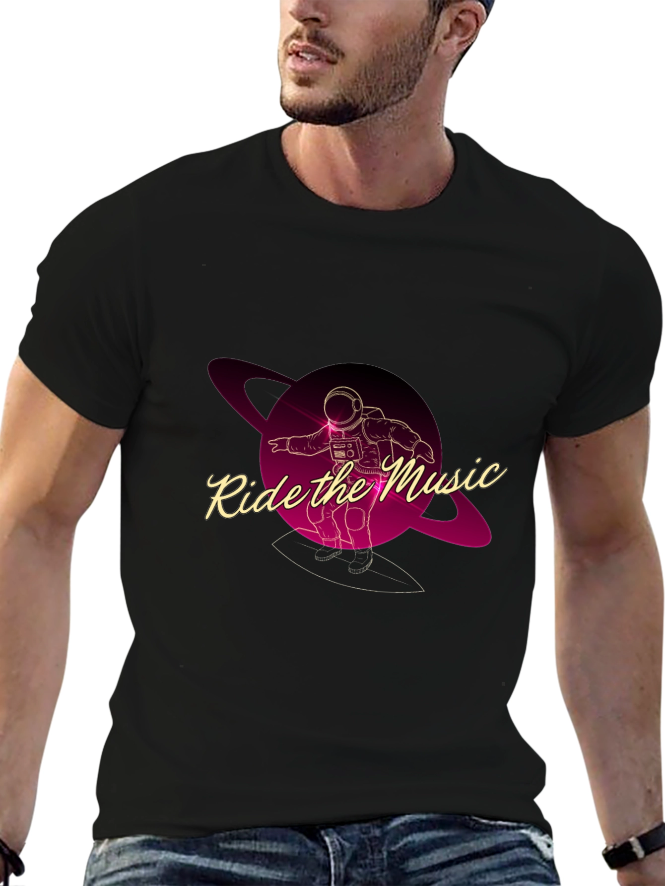 Ride the Music Graphic Tee - Astronaut Surfer T-Shirt