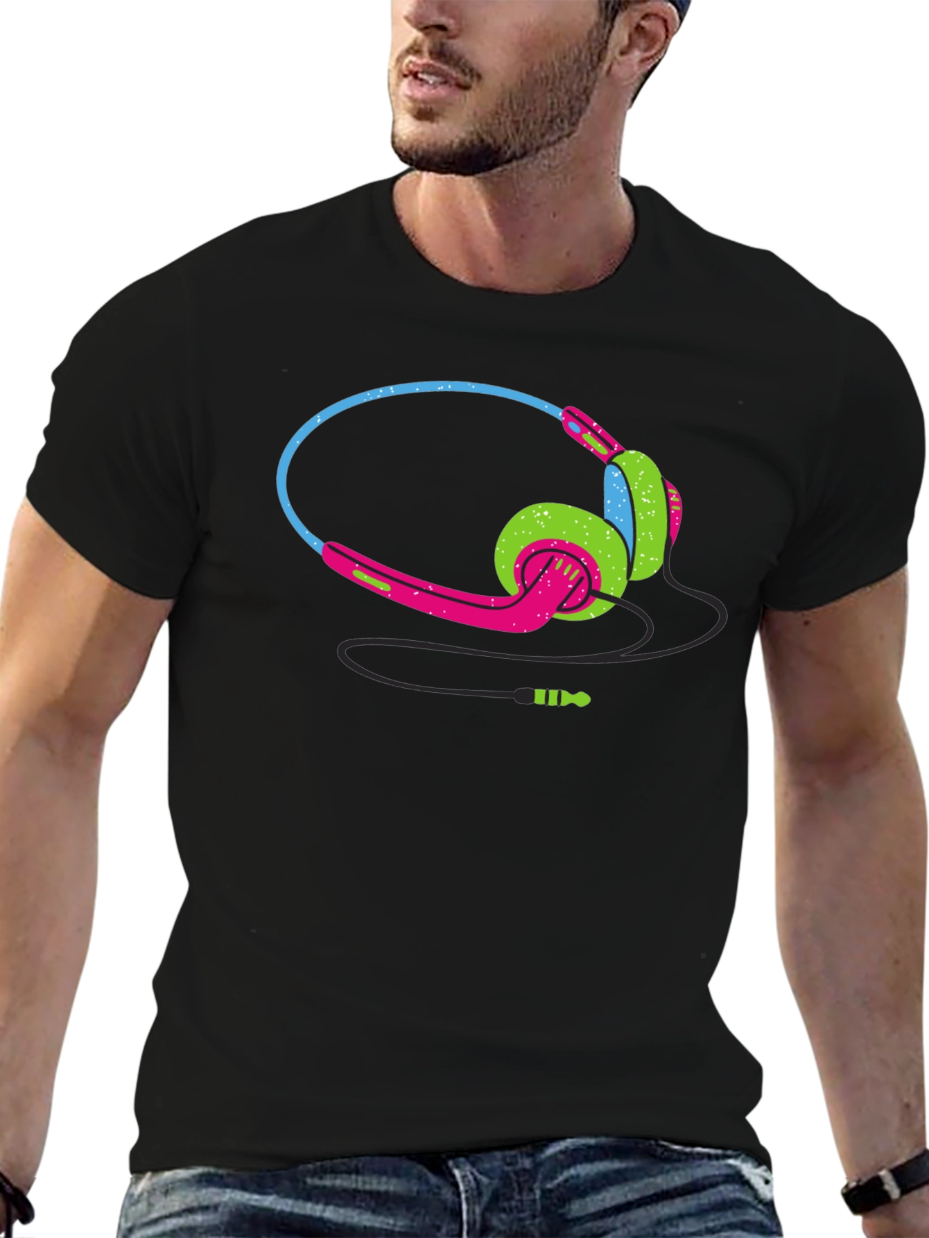 Retro Headphones Graphic Black T-Shirt
