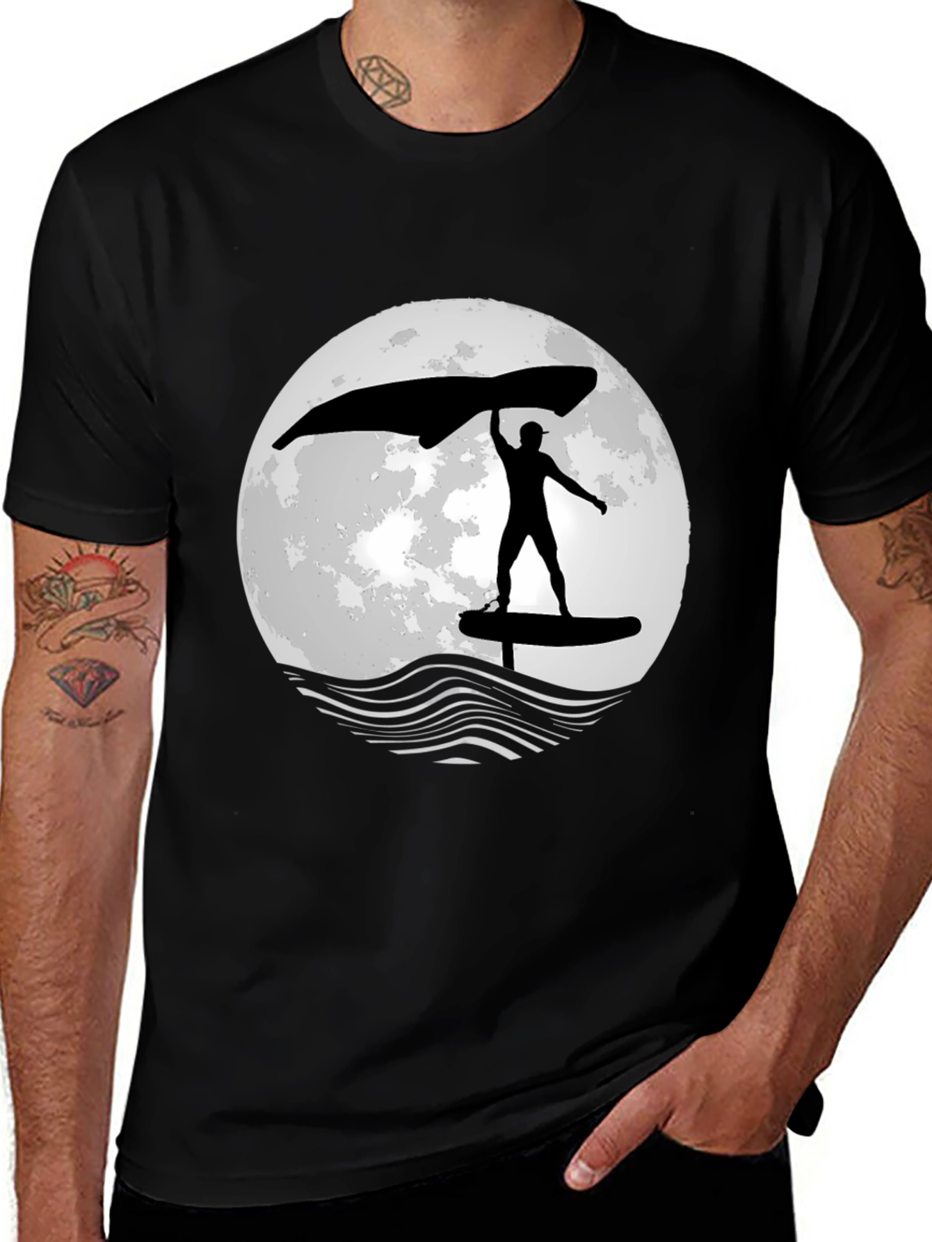 Wing Foiling T-Shirt - Moon Graphic - Black