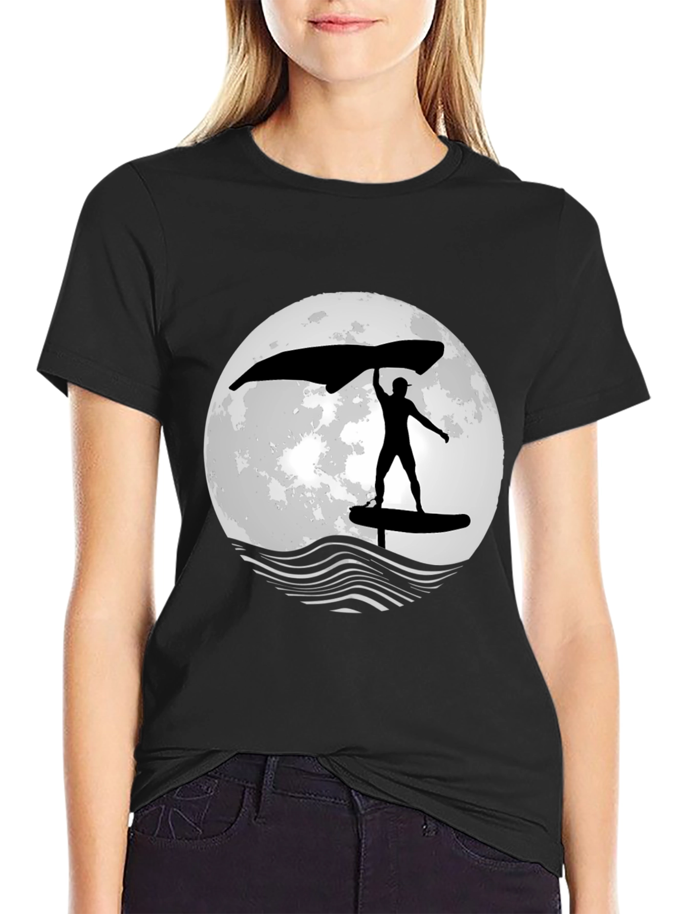 Wing Foiling T-Shirt - Moon Graphic - Black